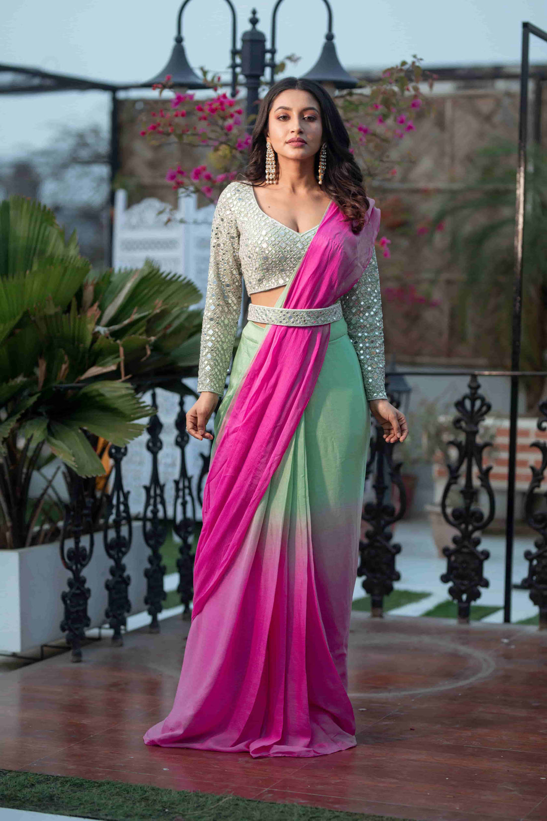 Green And Pink Ombre Drape Saree