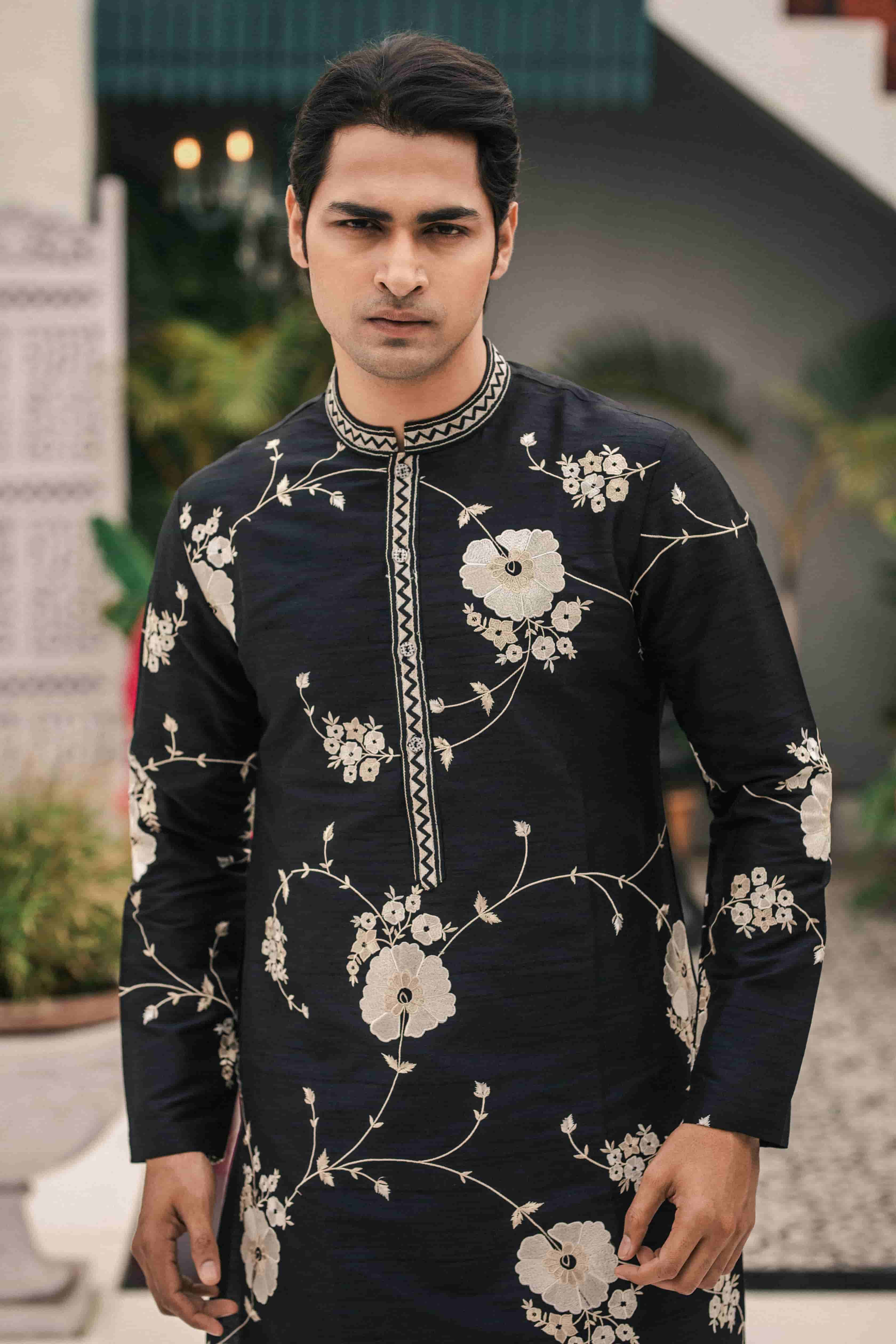 Black Silk Floral Embroidered Kurta Set