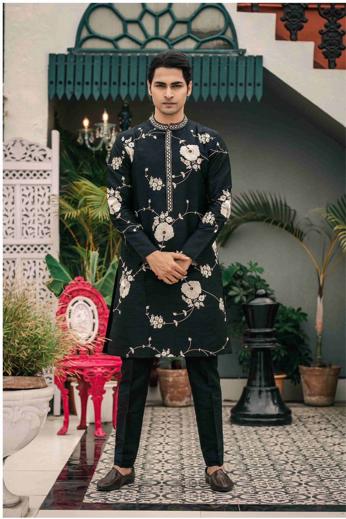 Black Silk Floral Embroidered Kurta Set