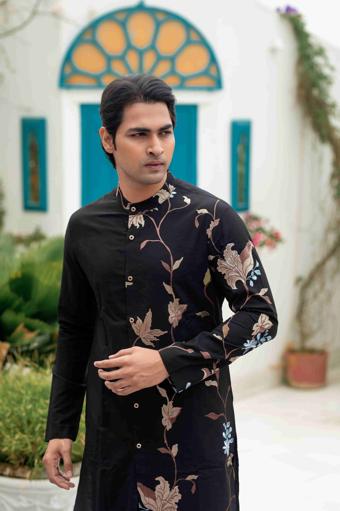 Black One Side Embroidered Kurta Set