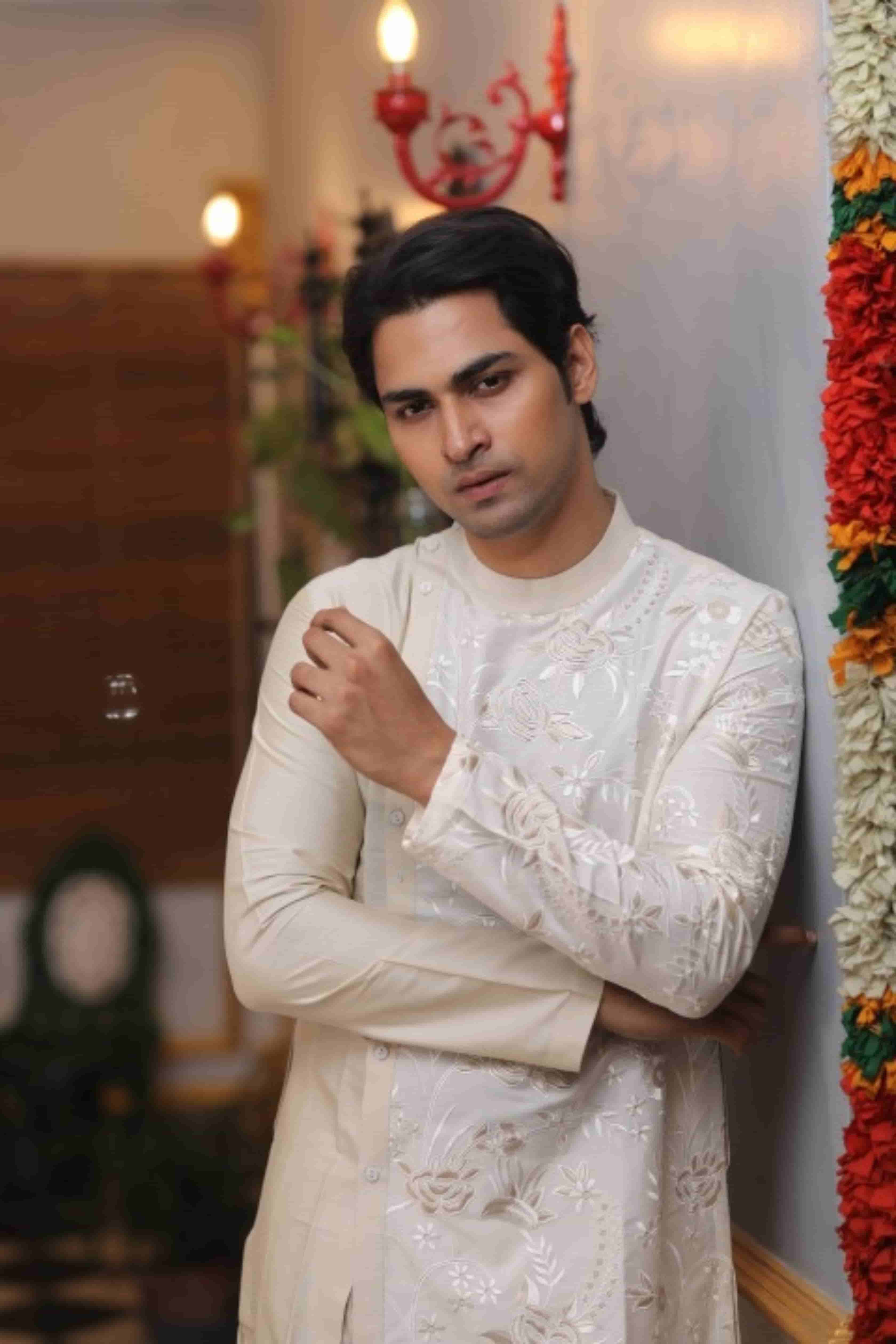 Assymentric Embroidered Beige Kurta Set