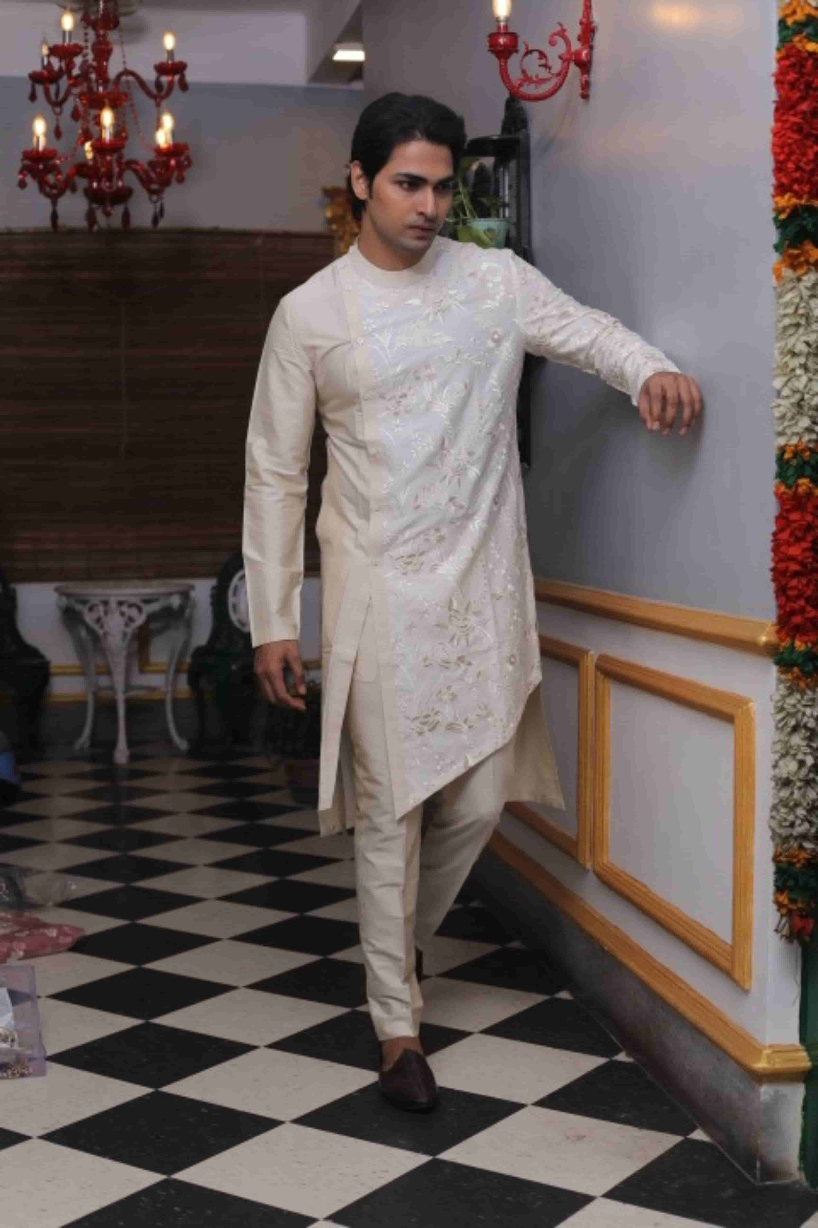 Assymentric Embroidered Beige Kurta Set