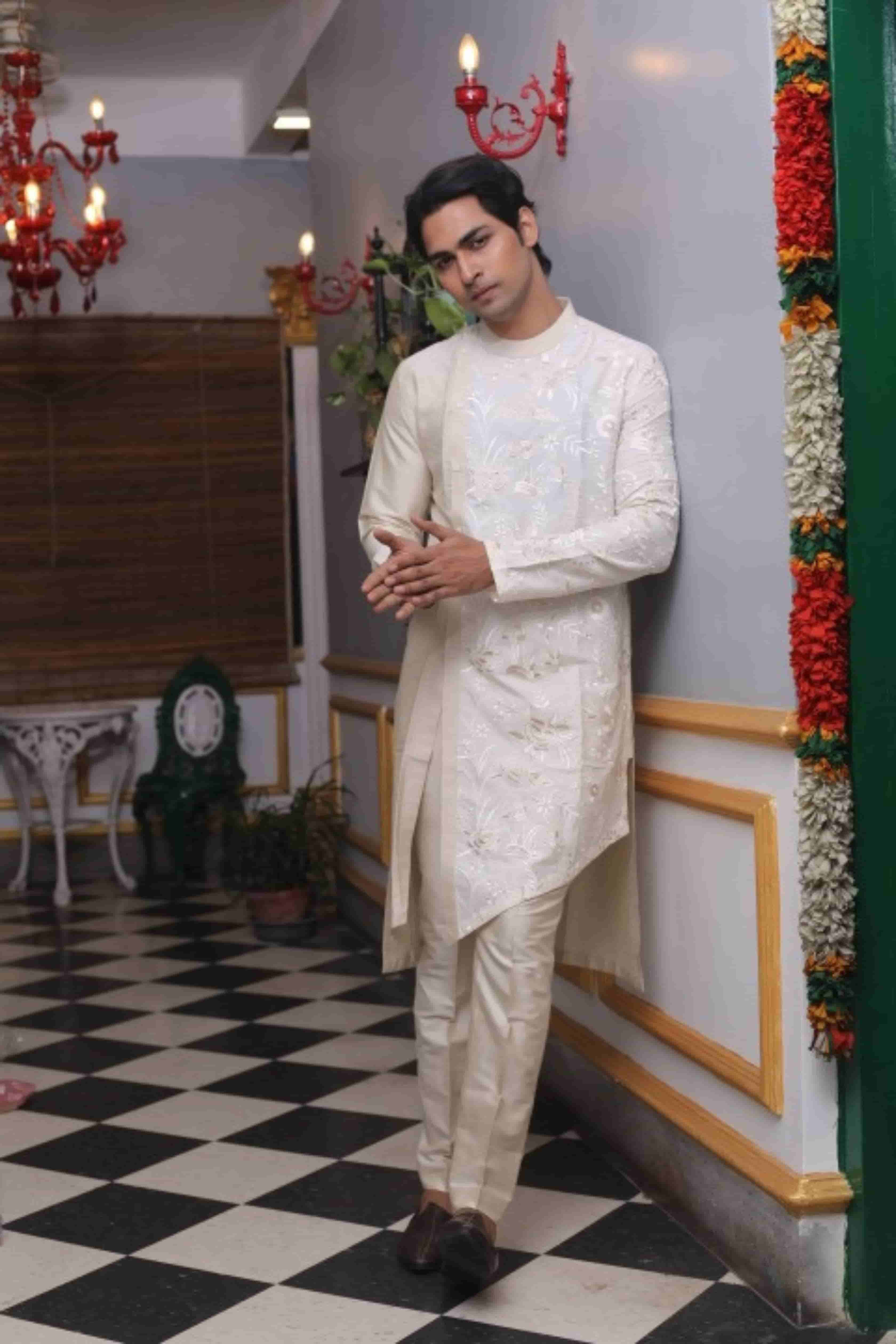 Assymentric Embroidered Beige Kurta Set