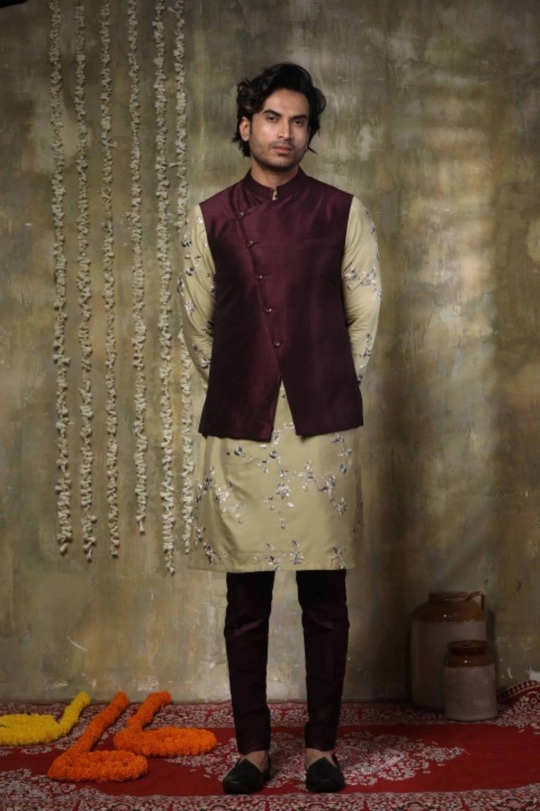 Mint Green Floral Embroidered Kurta Set with Wine Nehru Jacket Ensemble