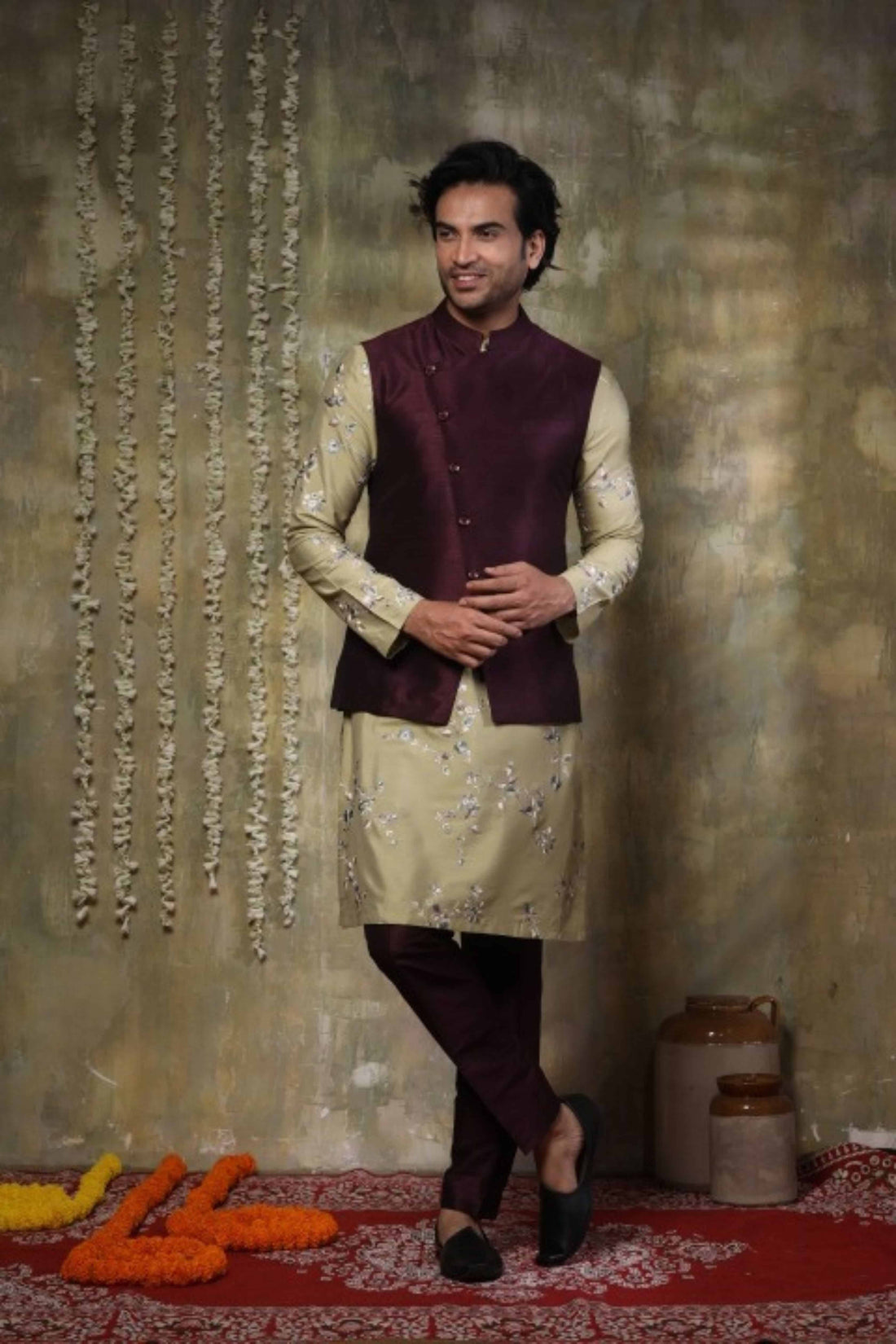 Mint Green Floral Embroidered Kurta Set with Wine Nehru Jacket Ensemble