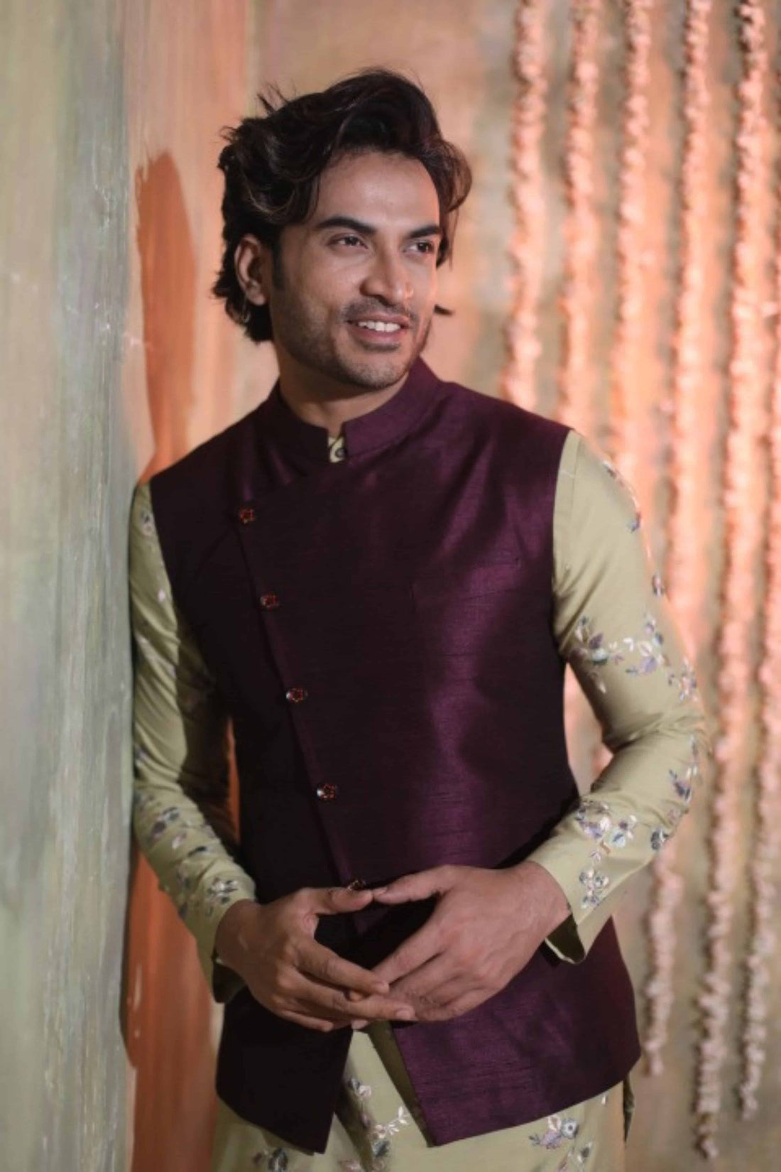 Mint Green Kurta Set with Wine Nehru Jacket Ensemble