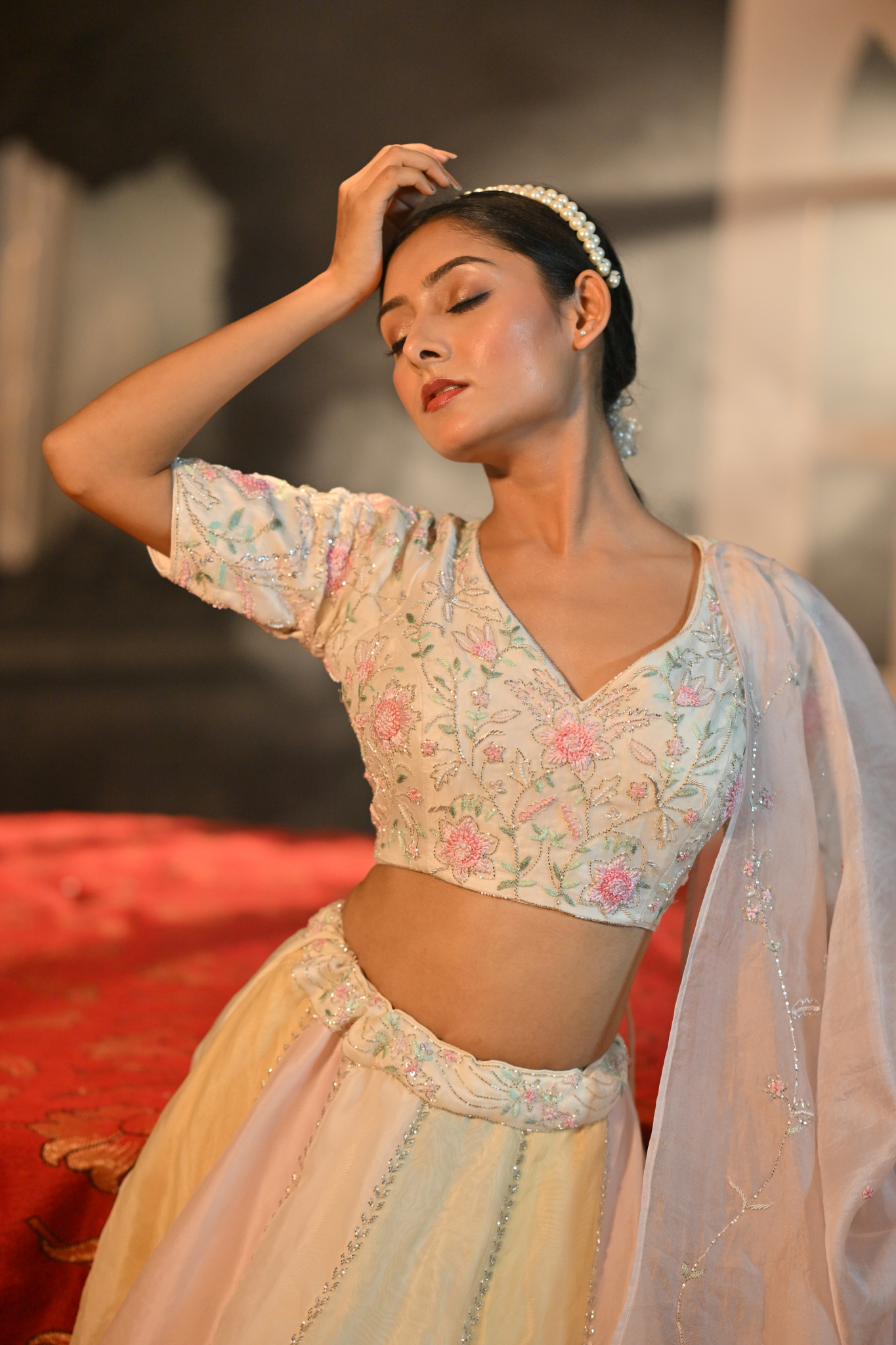 PASTEL GREEN, PASTEL YELLOW, PINK, OFF WHITE - LEHENGA WITH BUSTIER AND DUPATTA (Customize Request)