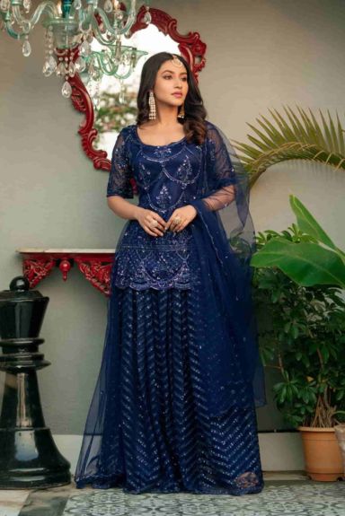 Midnight Blue Hand Embroidered Kurta Sharara Set