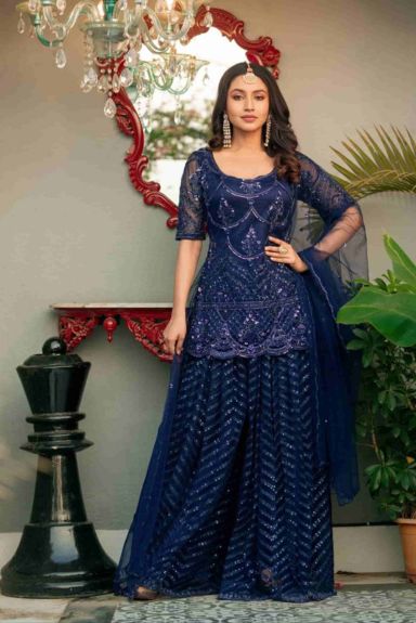 Midnight Blue Hand Embroidered Kurta Sharara Set