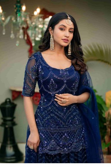 Midnight Blue Hand Embroidered Kurta Sharara Set