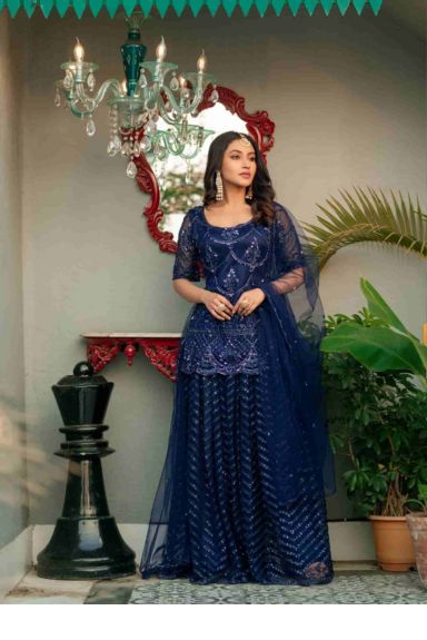 Midnight Blue Hand Embroidered Kurta Sharara Set