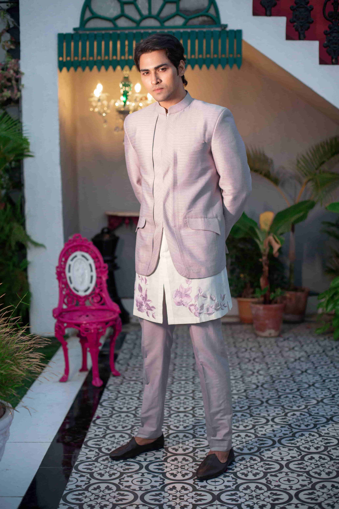 Ivory Embroidered Kurta Set With Lilac Anchoring Jacket