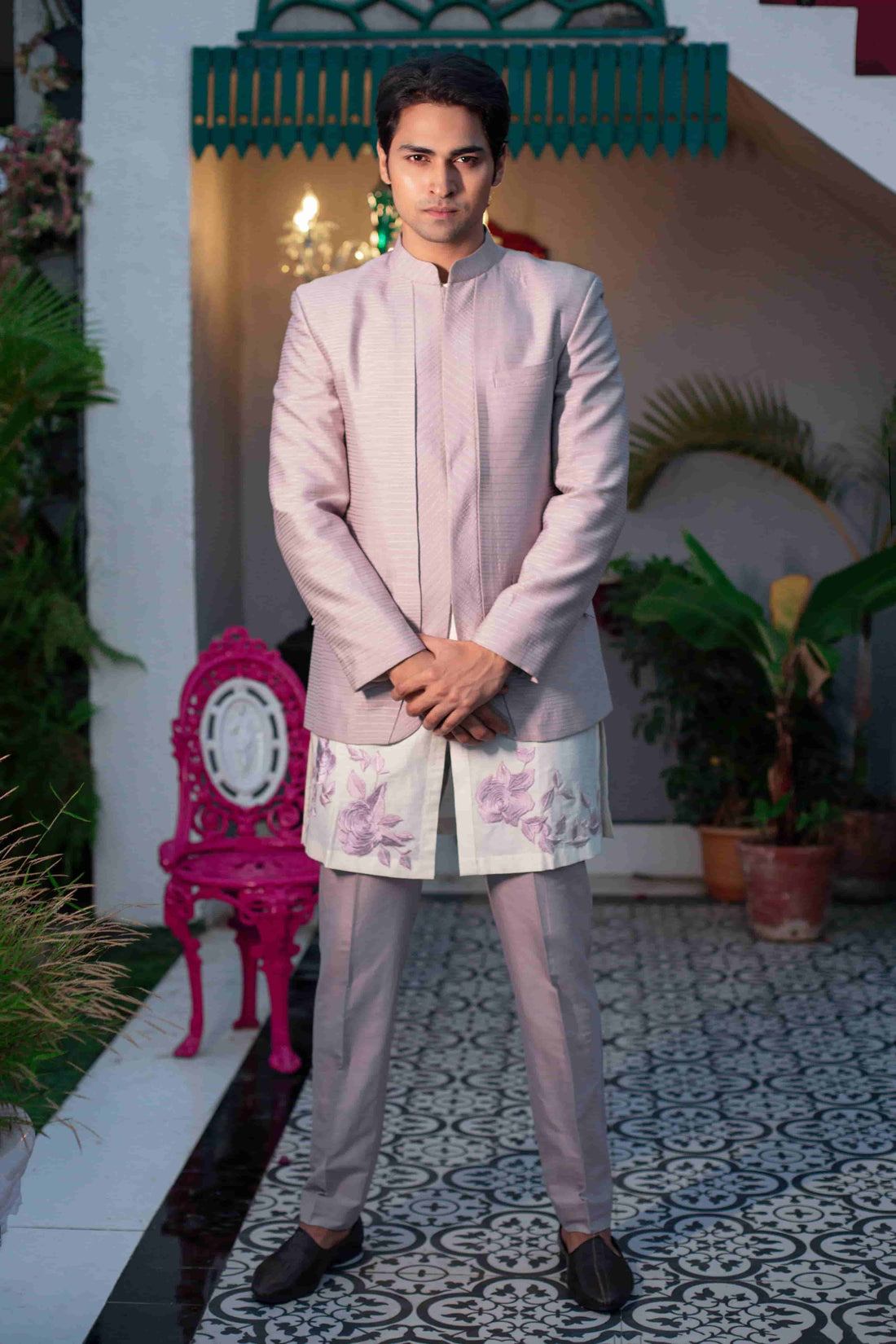 Ivory Embroidered Kurta Set With Lilac Anchoring Jacket