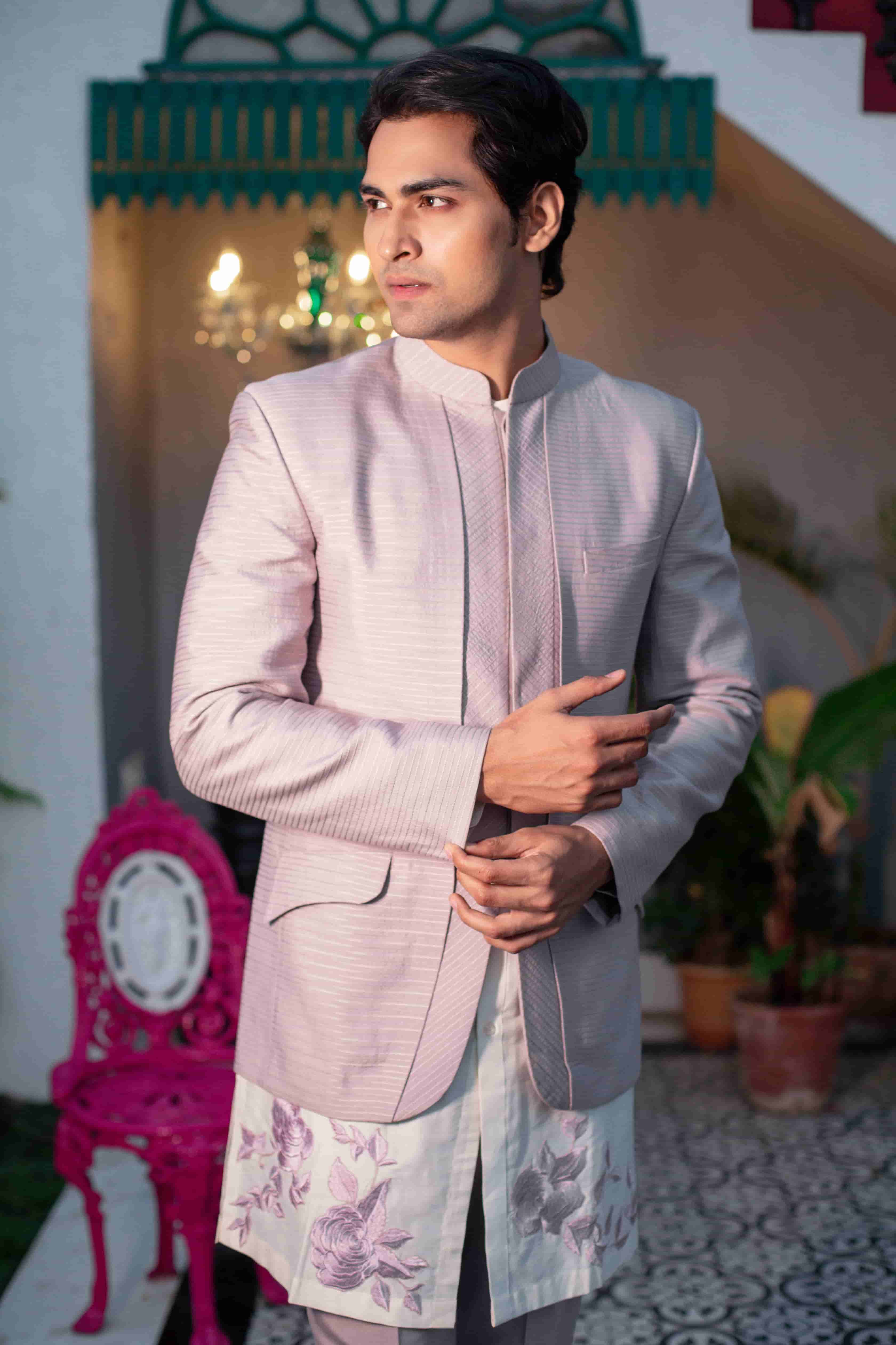 Ivory Embroidered Kurta Set With Lilac Anchoring Jacket
