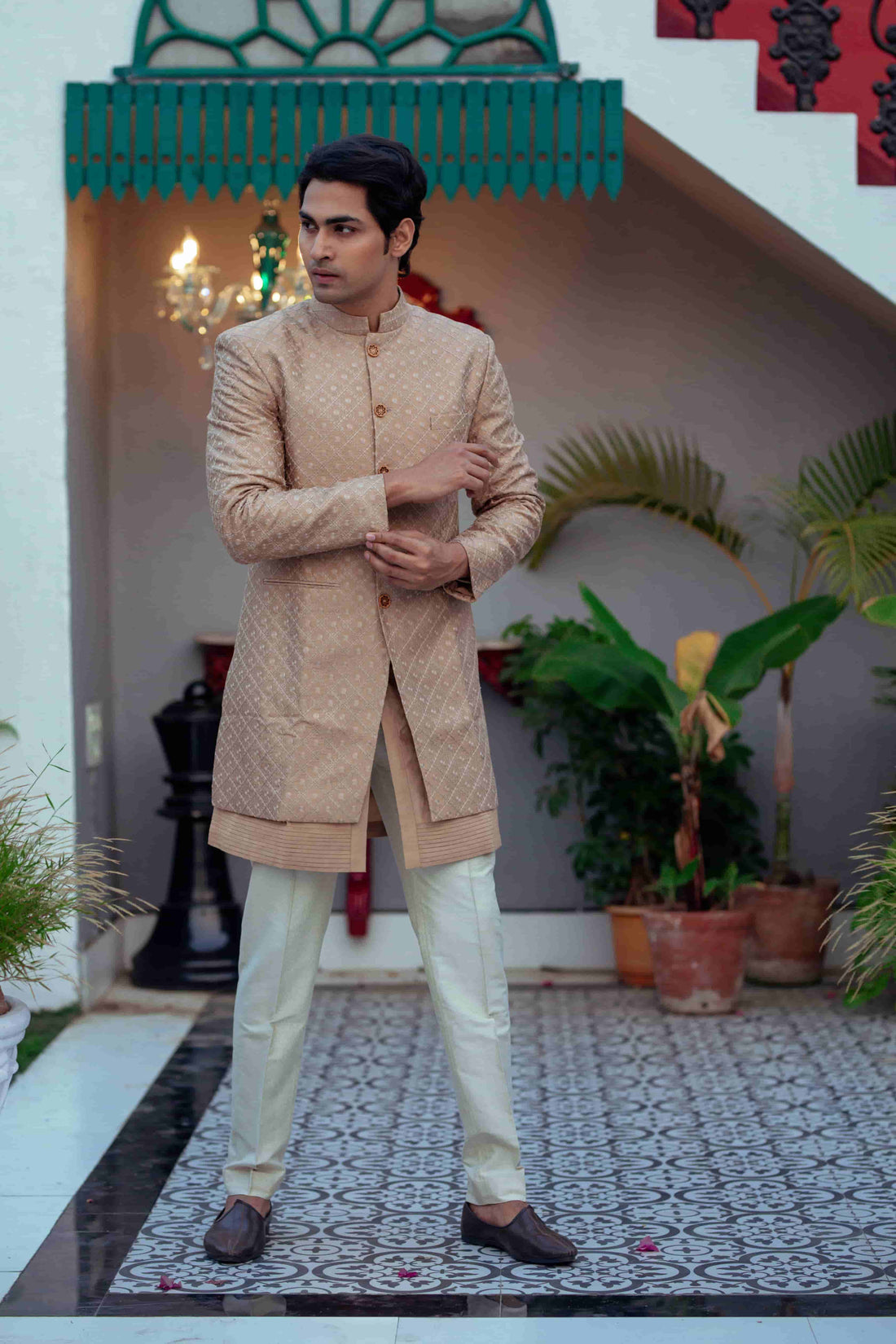 Dark Beige Silk Kurta Set With Embroidered Jacket