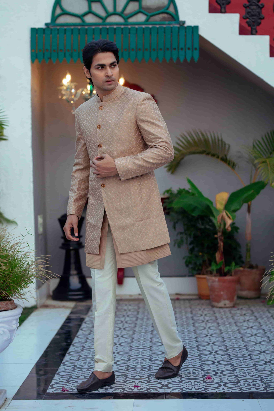 Dark Beige Silk Kurta Set With Embroidered Jacket