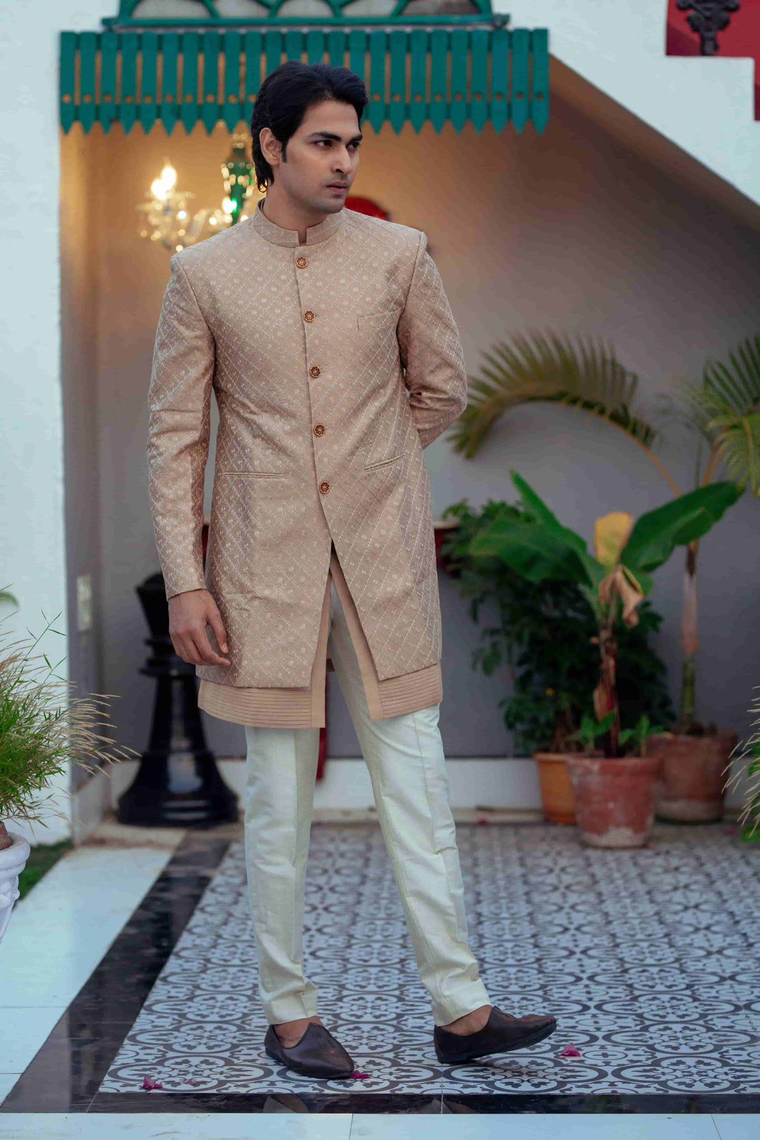 Pale Khaki Silk Kurta Set With Embroidered Jacket