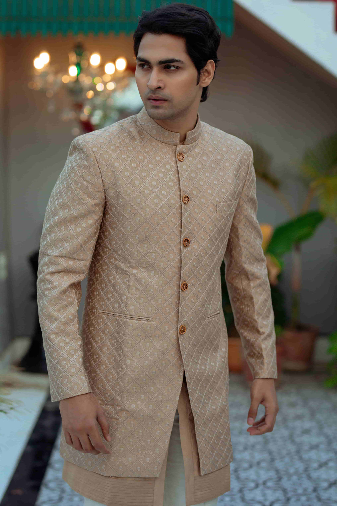 Pale Khaki Silk Kurta Set With Embroidered Jacket