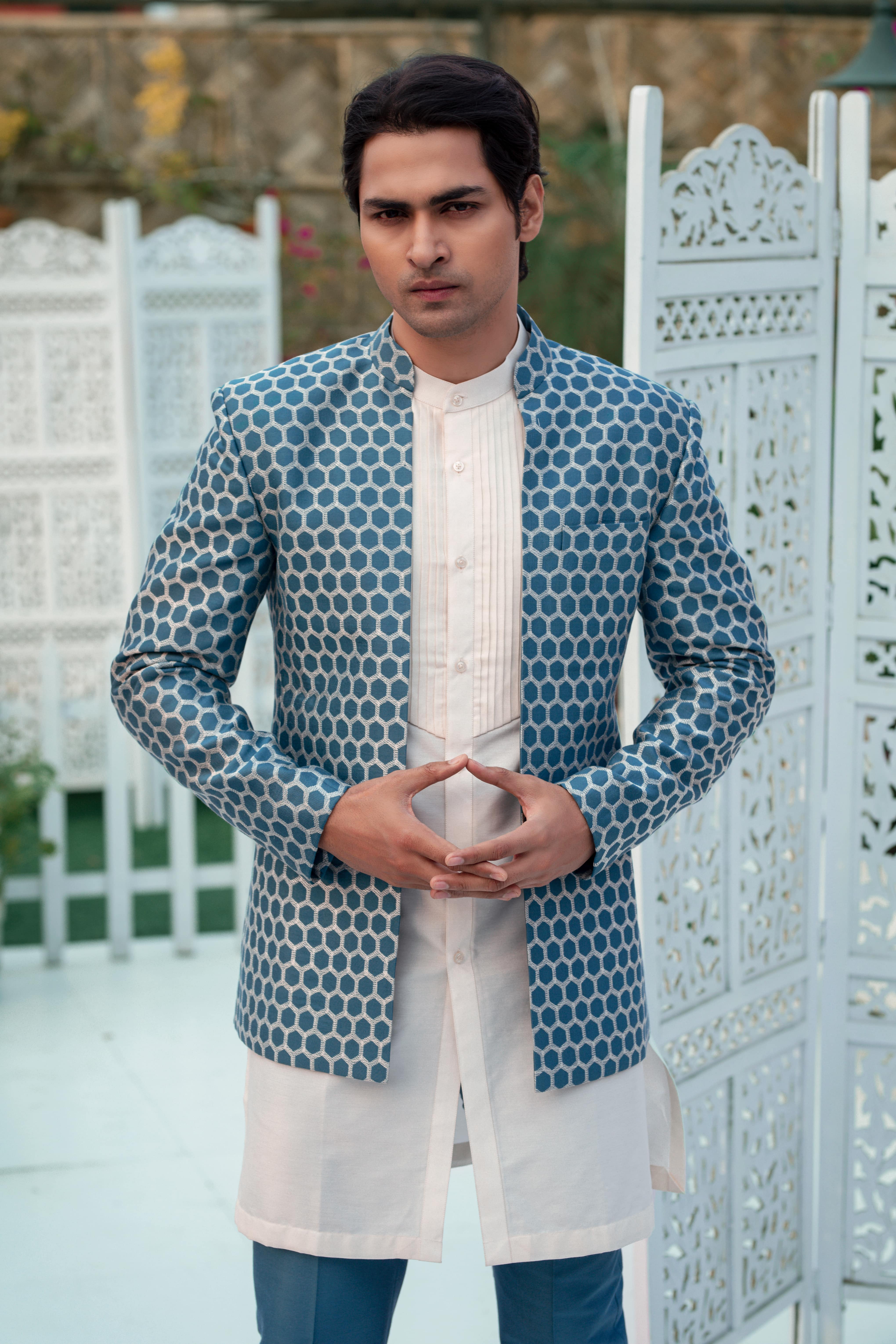 Katan Silk Kurta Set with Dusky Blue Jacket and Bee Embroidery