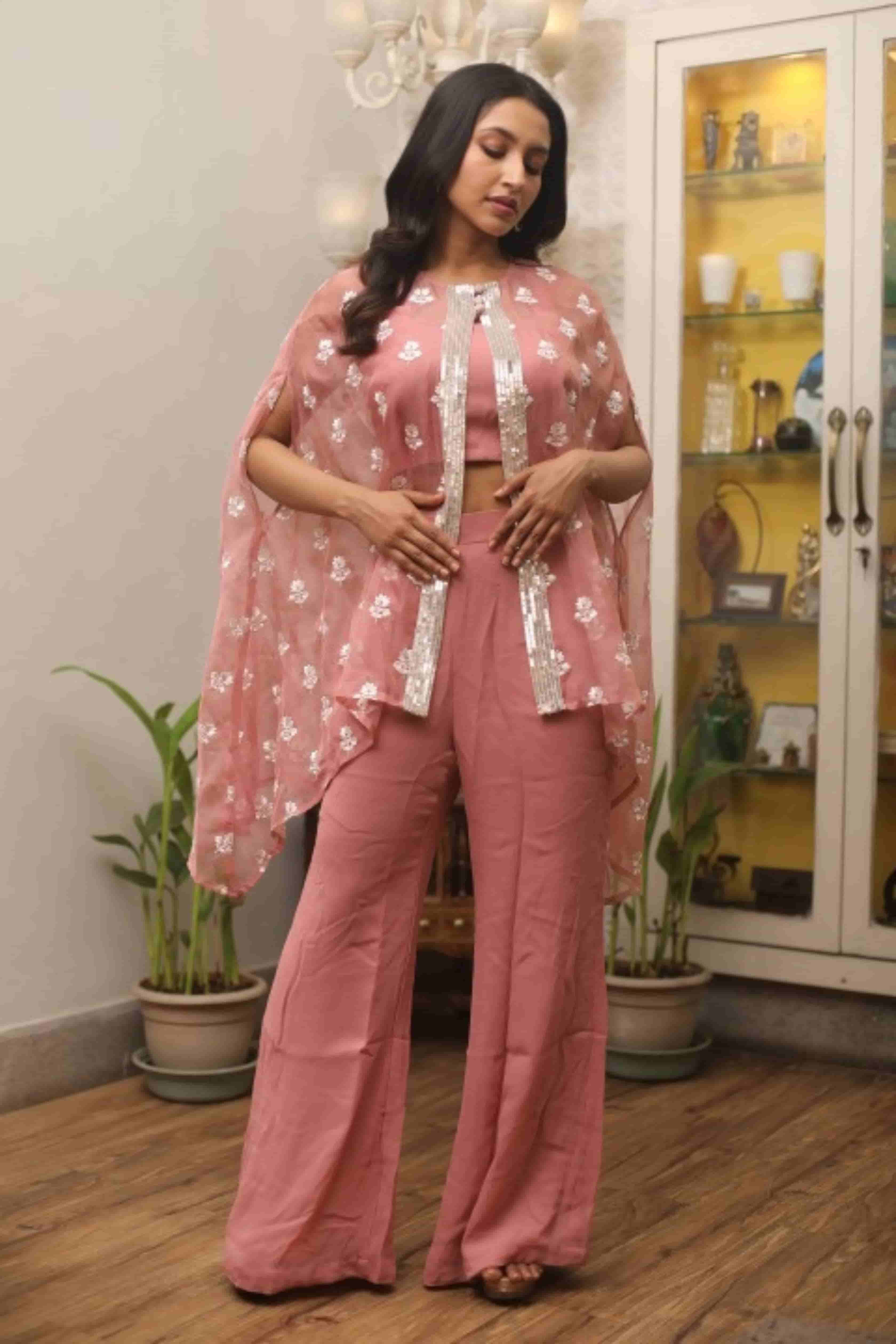 Dusty Mauve Glass Tissue Co-Ord Set with Hand Embroidery