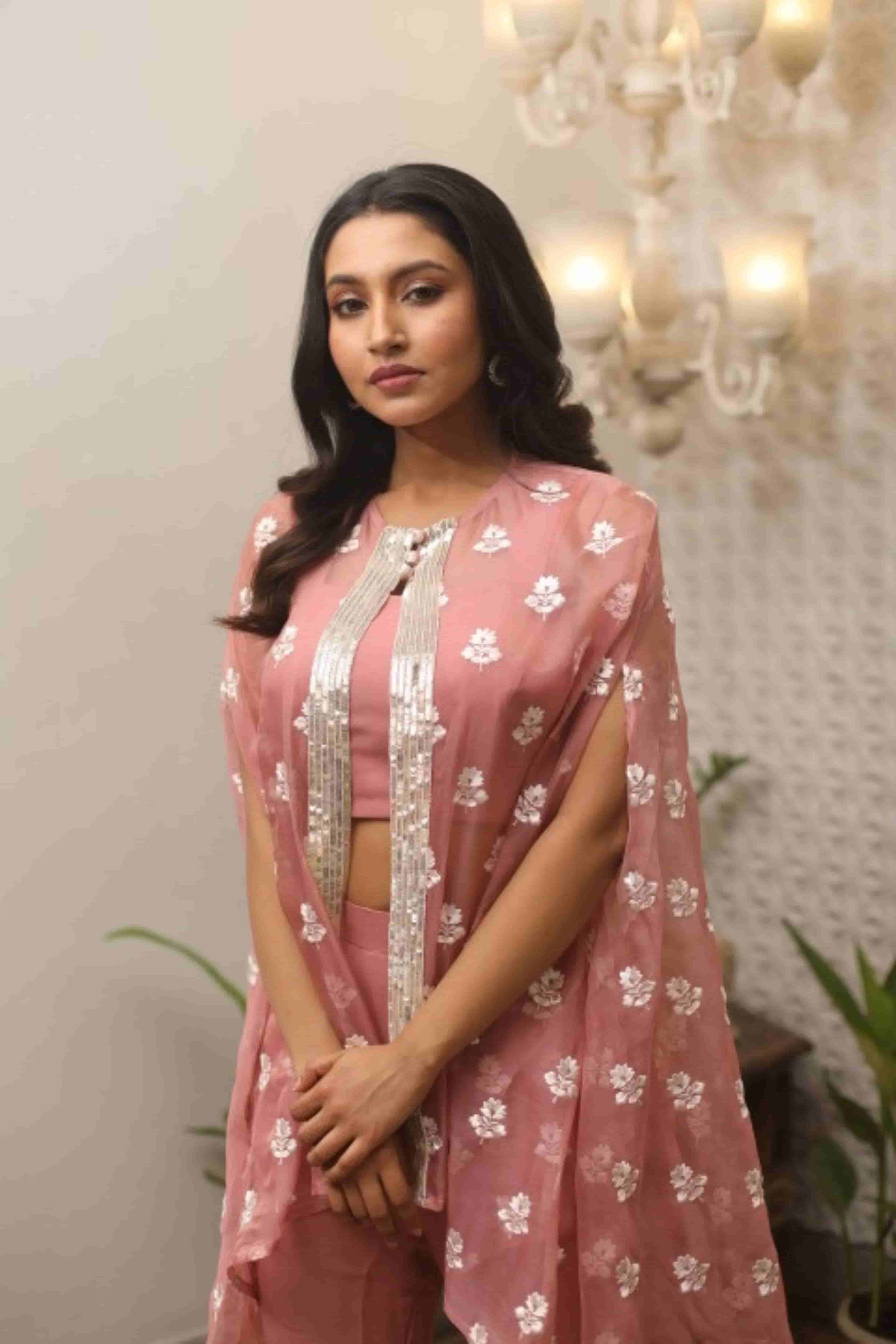 Dusty Mauve Glass Tissue Co-Ord Set with Hand Embroidery