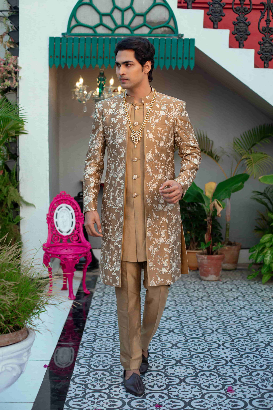 Bronzed Brown Silk Kurta Set With Long Jacket