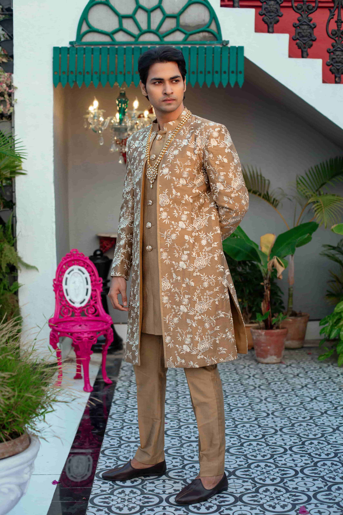 Bronzed Brown Silk Kurta Set With Long Jacket