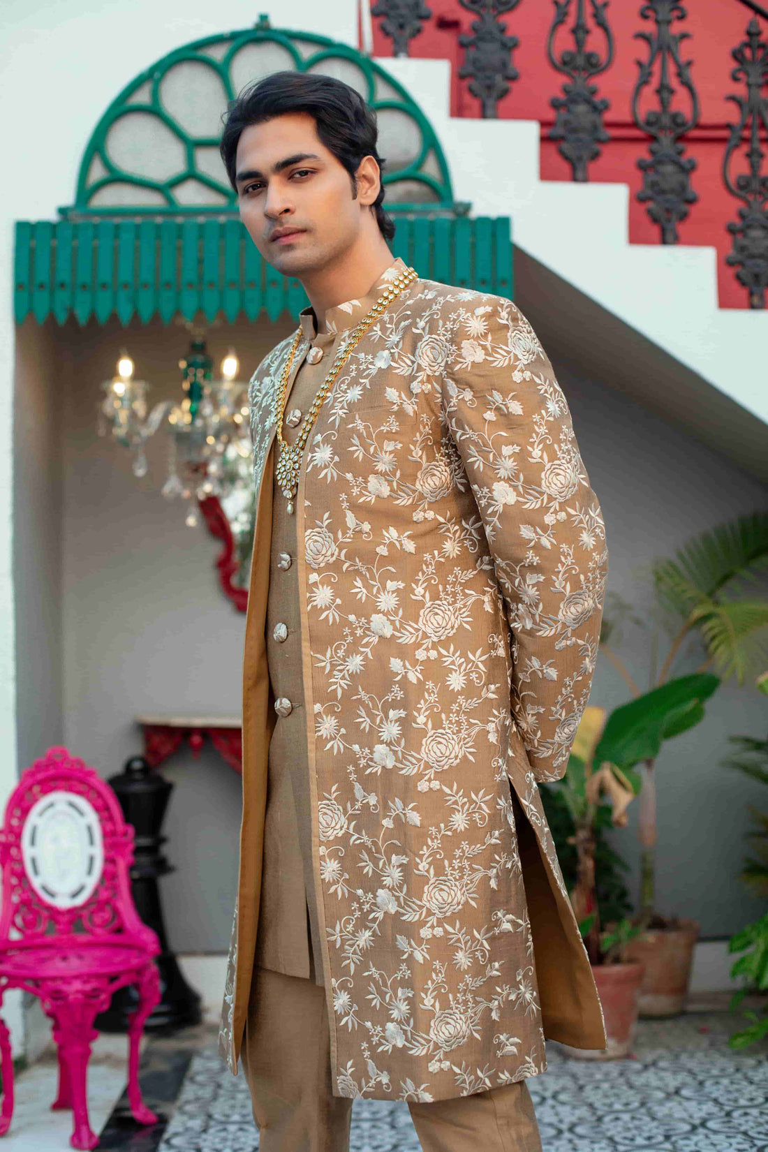 Bronzed Brown Silk Kurta Set With Long Jacket