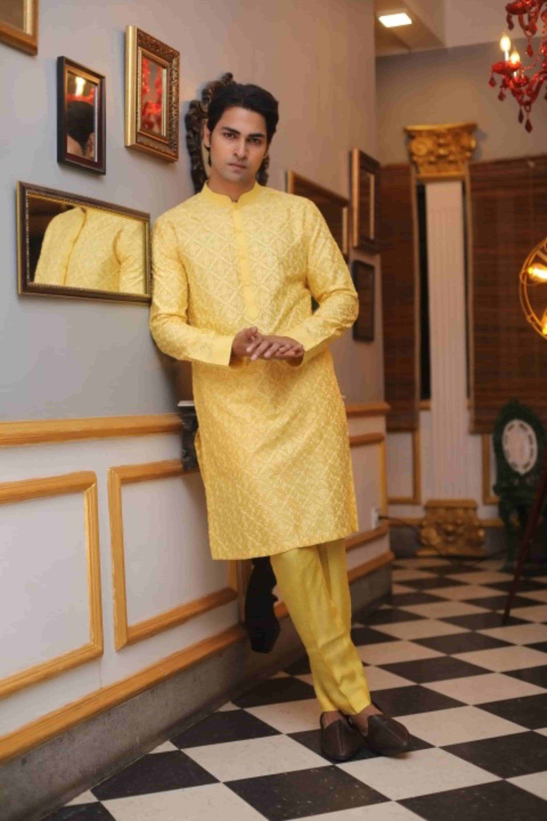 Yellow Katan Silk Haldi Embroidered Kurta Set