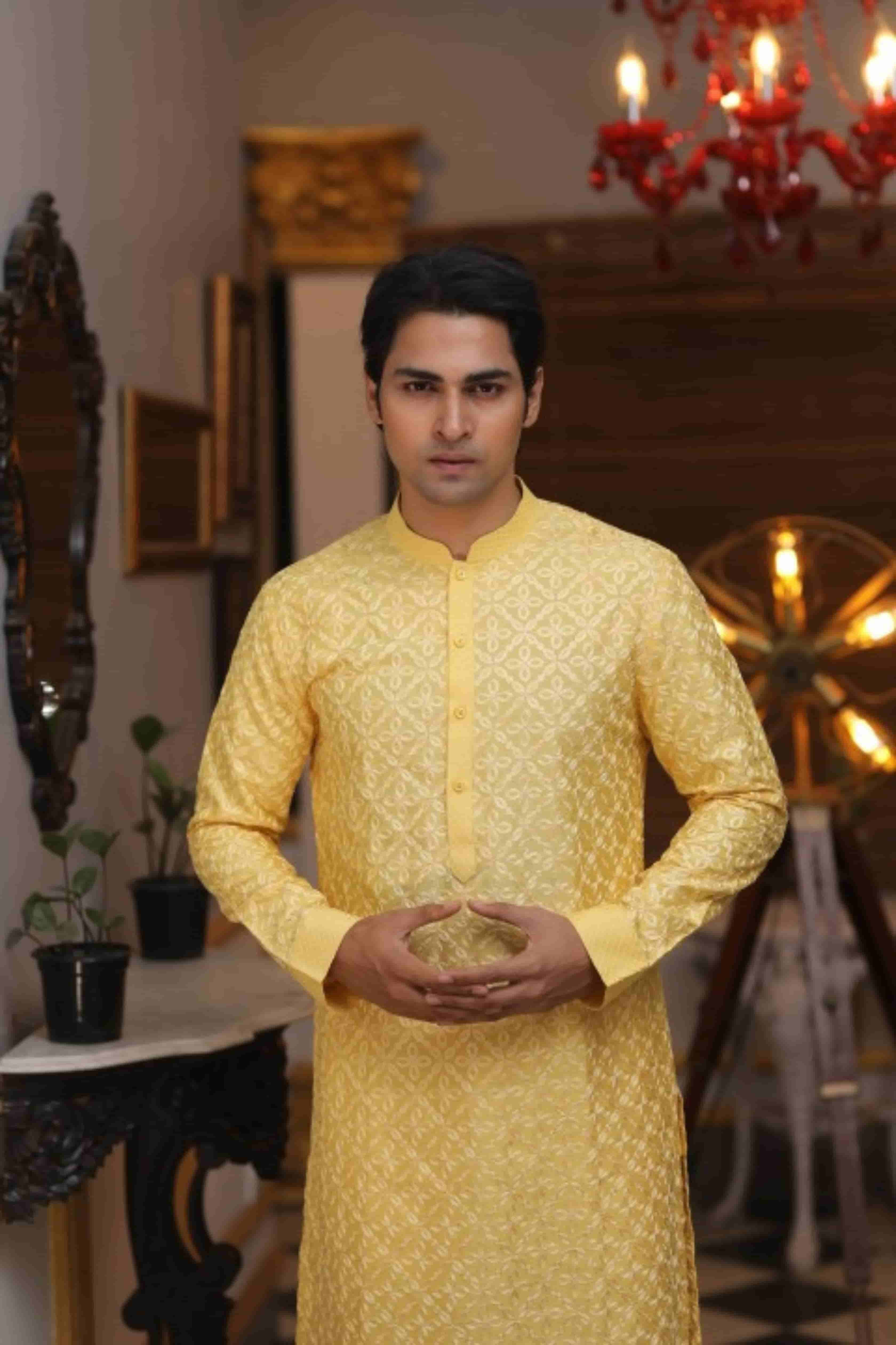 Yellow Katan Silk Haldi Embroidered Kurta Set