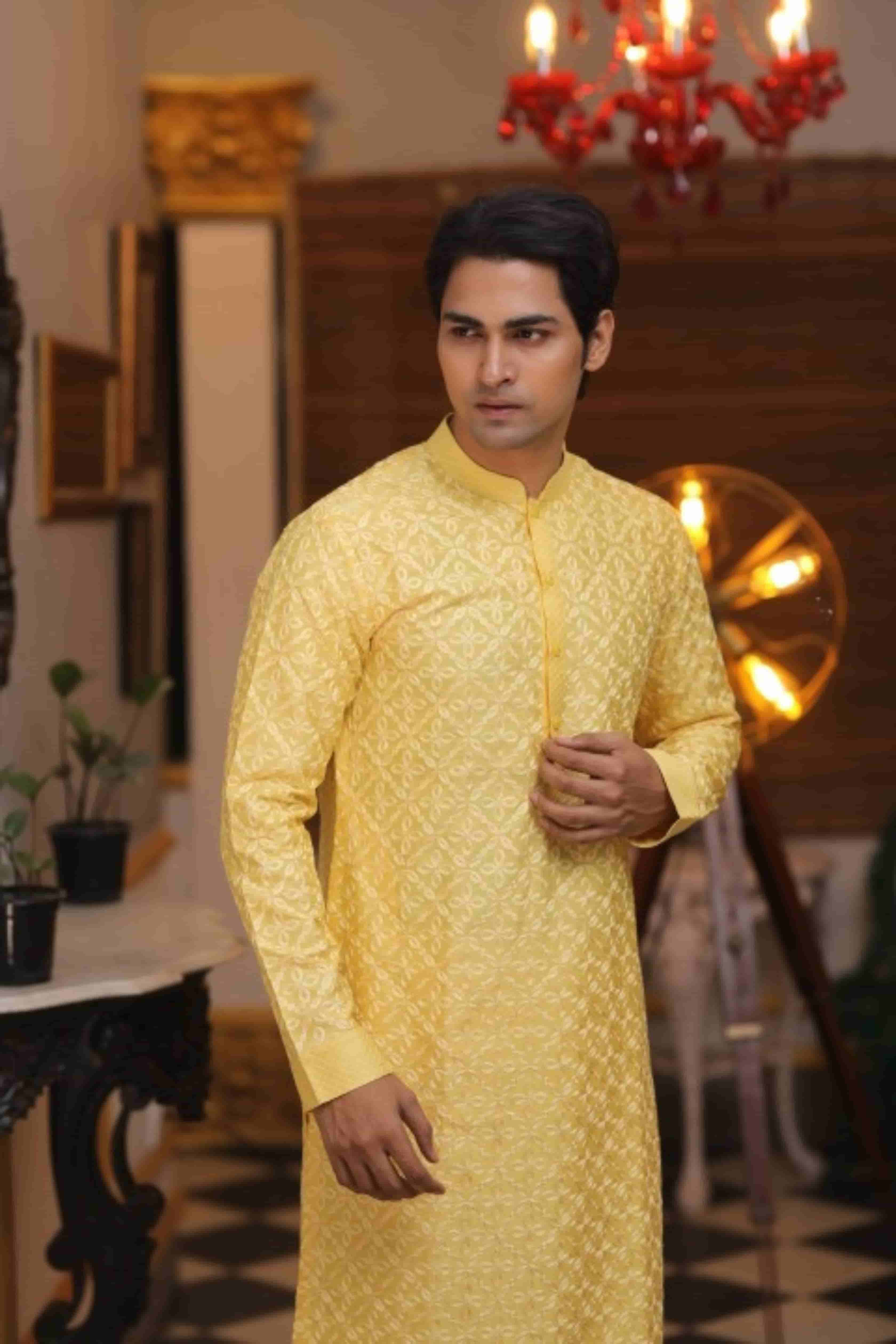 Yellow Katan Silk Haldi Embroidered Kurta Set