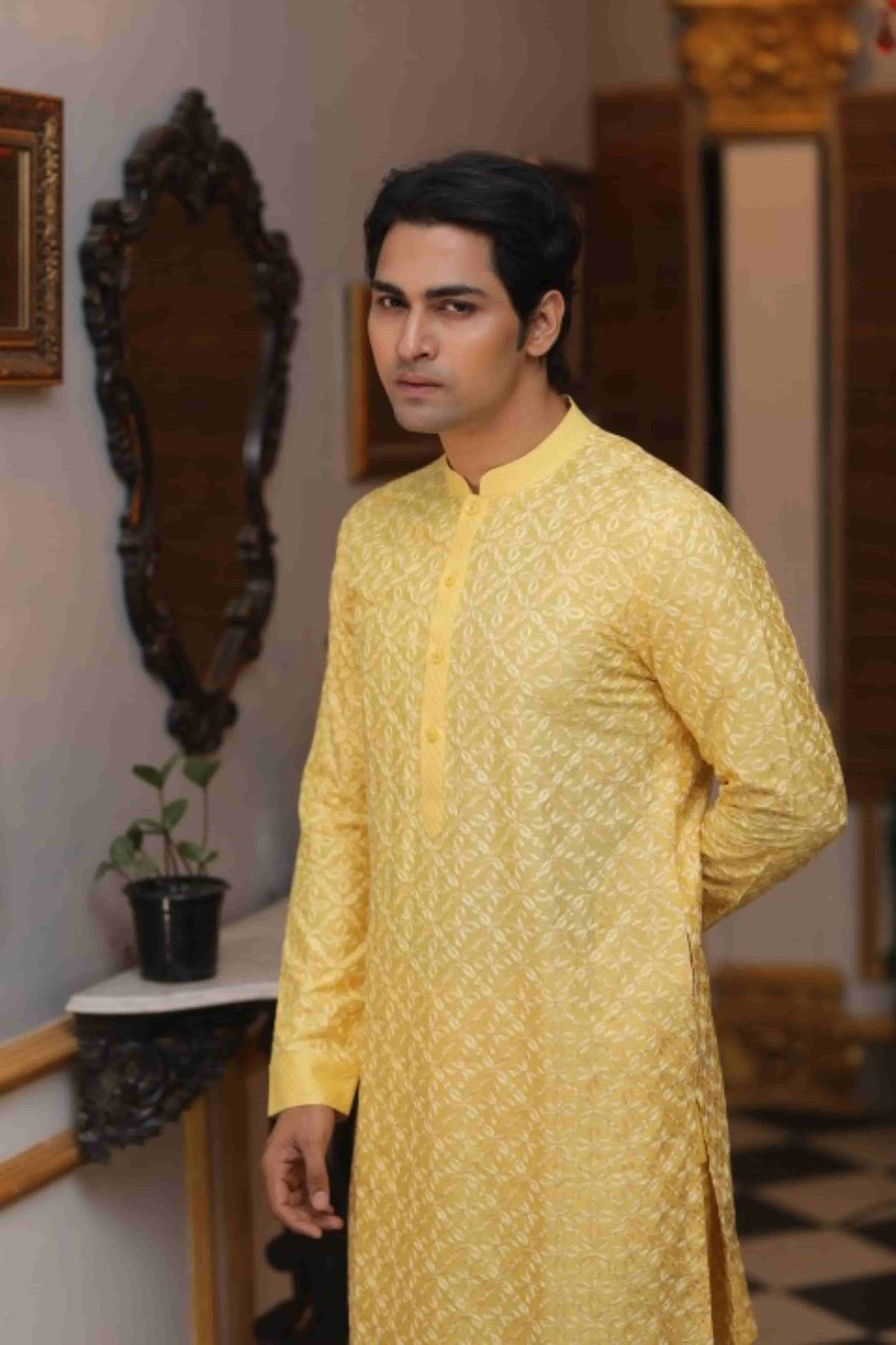 Yellow Katan Silk Haldi Embroidered Kurta Set