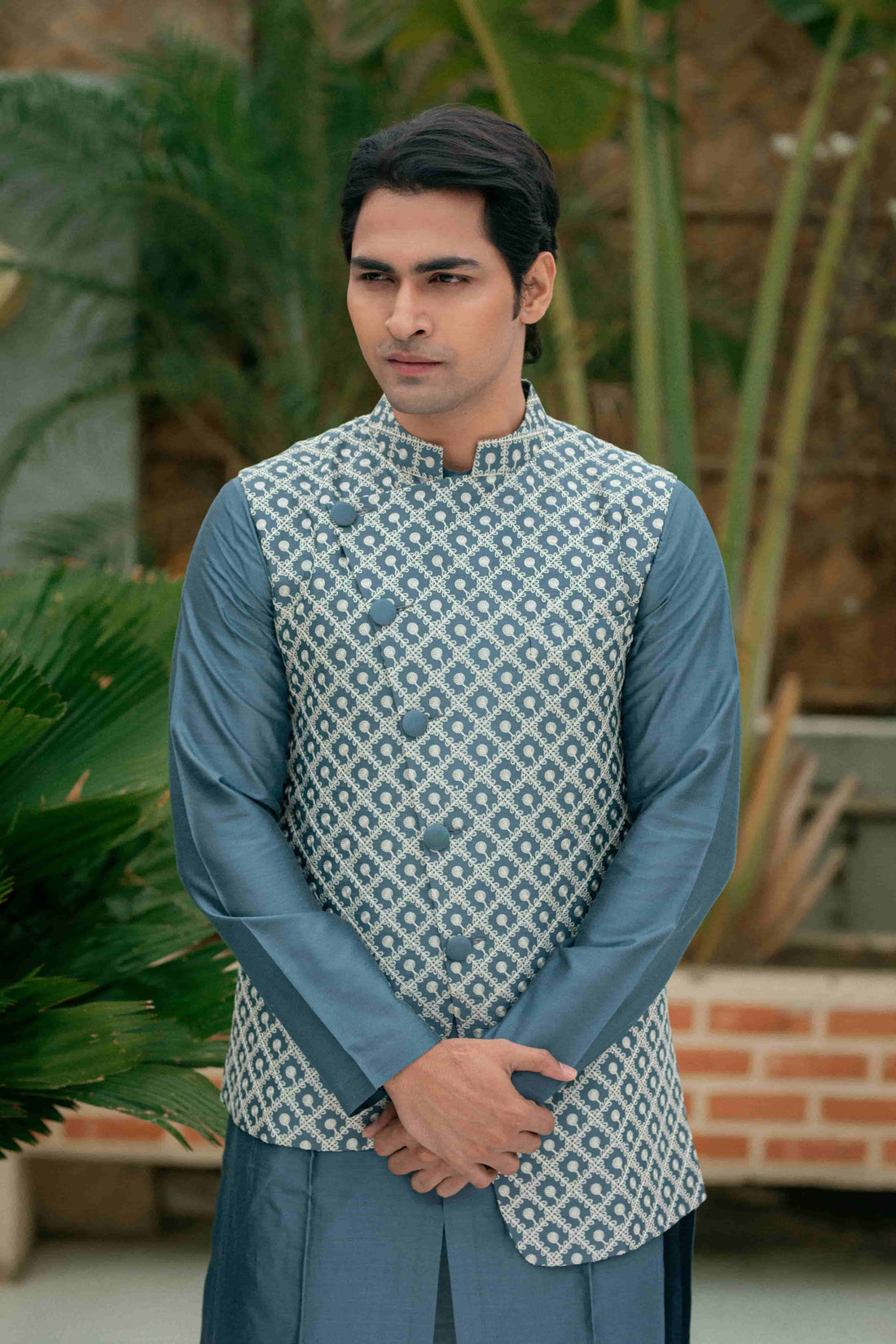 Cadet Gray Silk Kurta Set With Embroidered Asymmetric Jacket