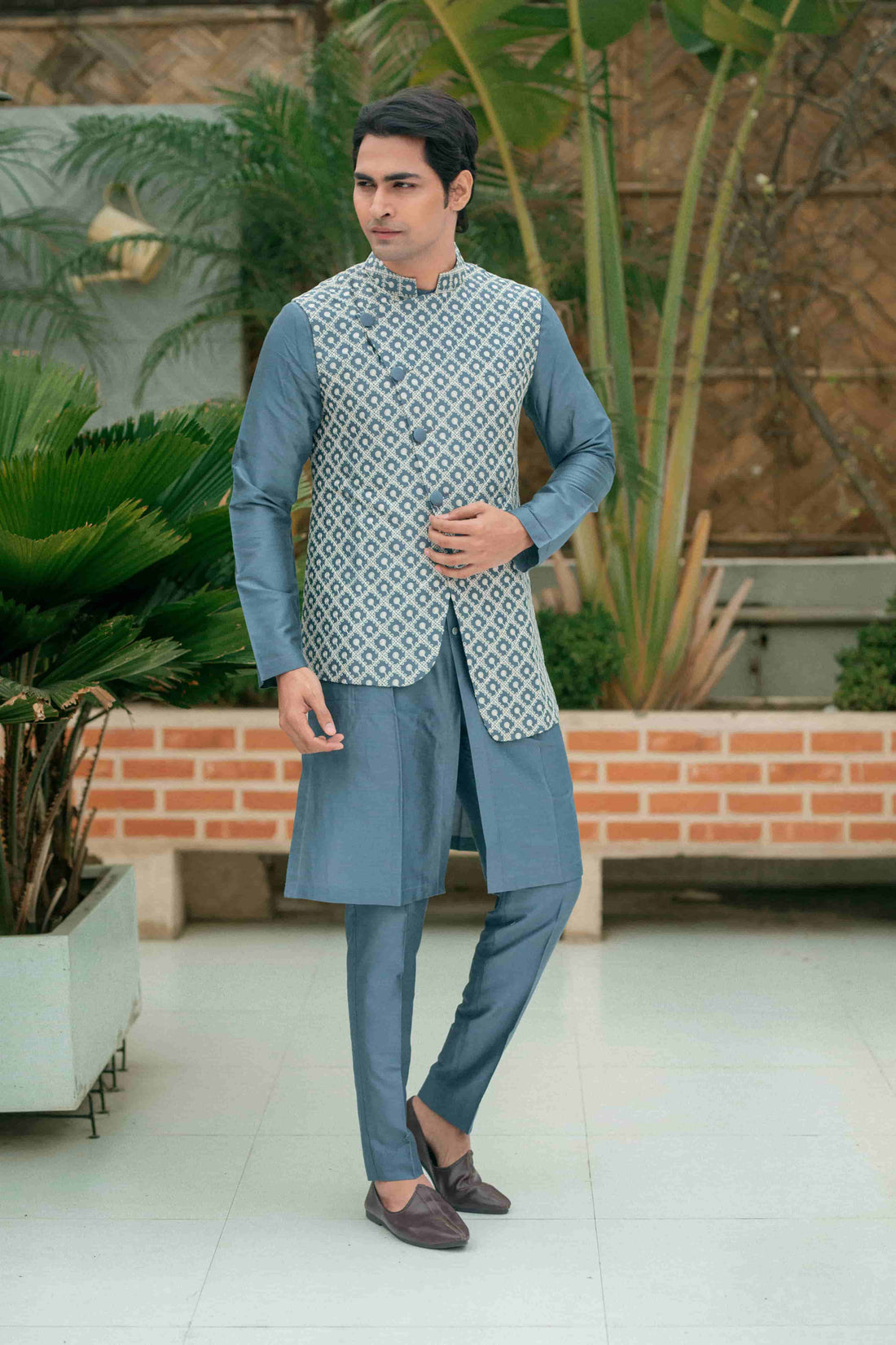 Cadet Gray Silk Kurta Set With Embroidered Asymmetric Jacket