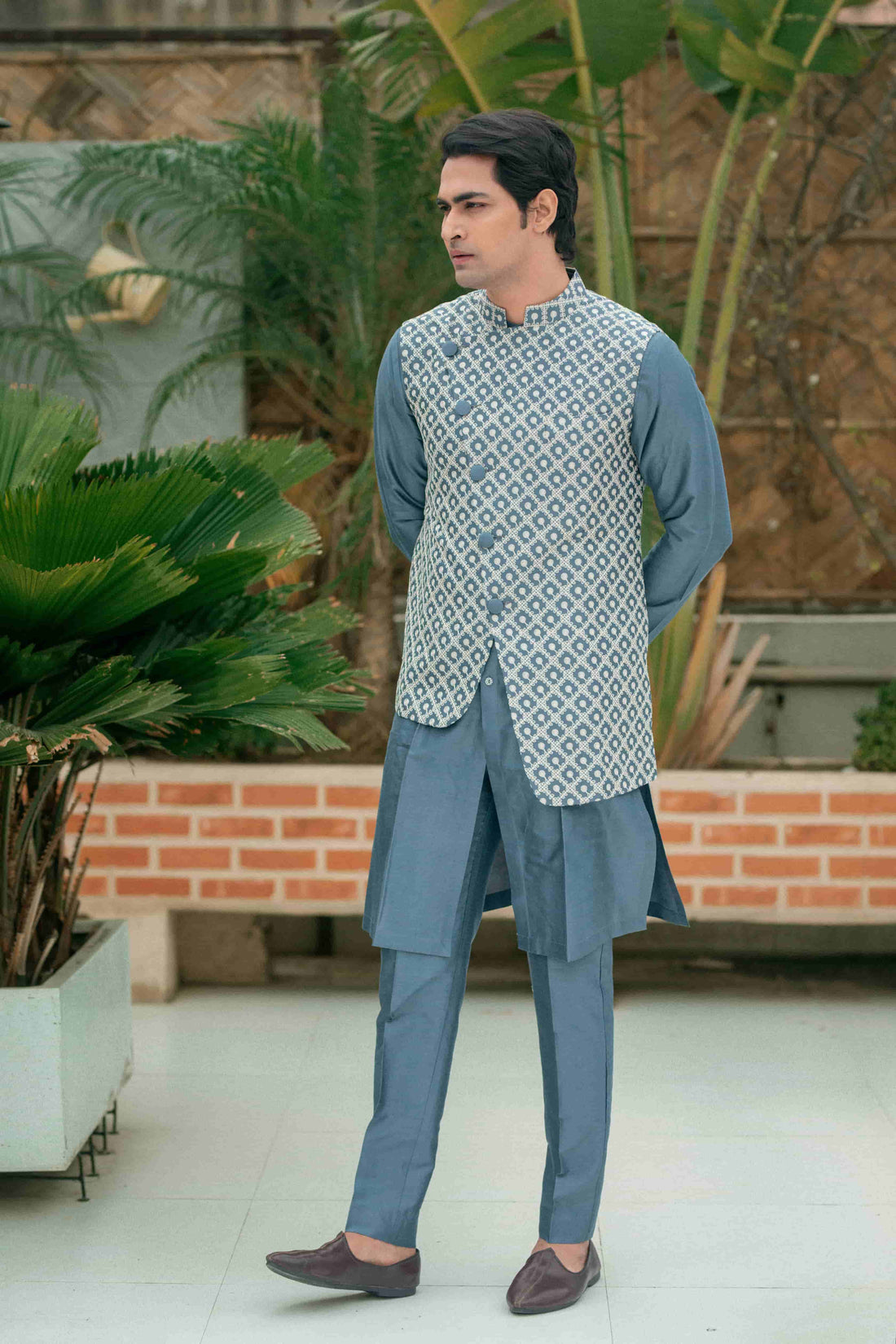 Cadet Gray Silk Kurta Set With Embroidered Asymmetric Jacket