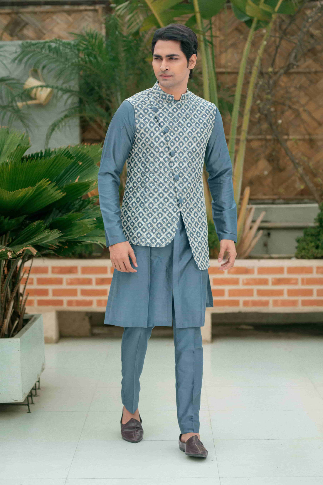 Cadet Gray Silk Kurta Set With Embroidered Asymmetric Jacket