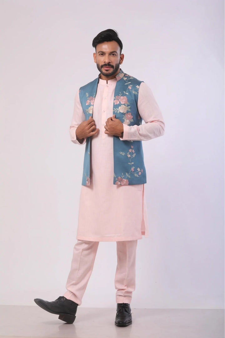 Pink Linen kurta with Blue Resham Embroidered Jacket set