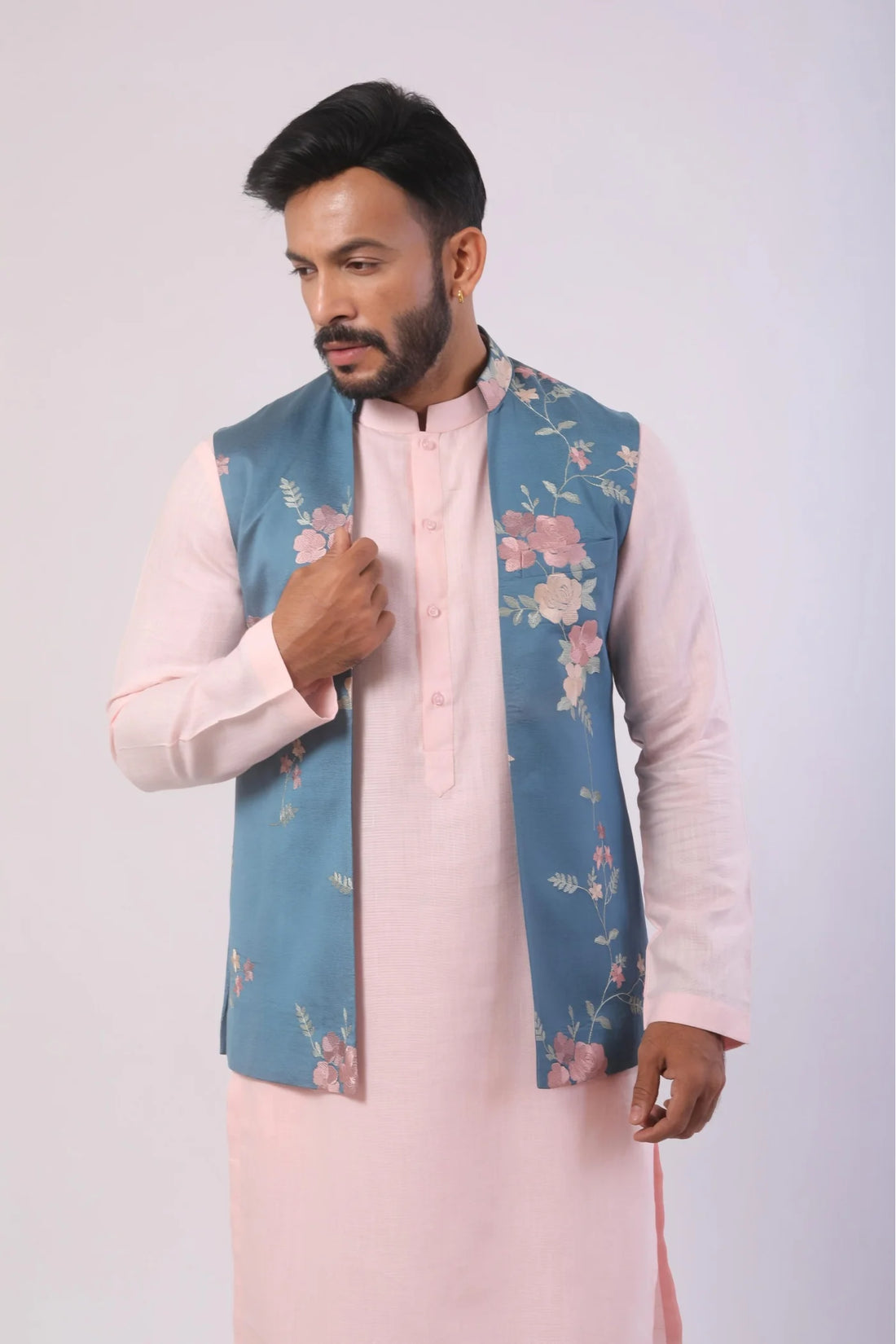 Pink Linen kurta with Blue Resham Embroidered Jacket set