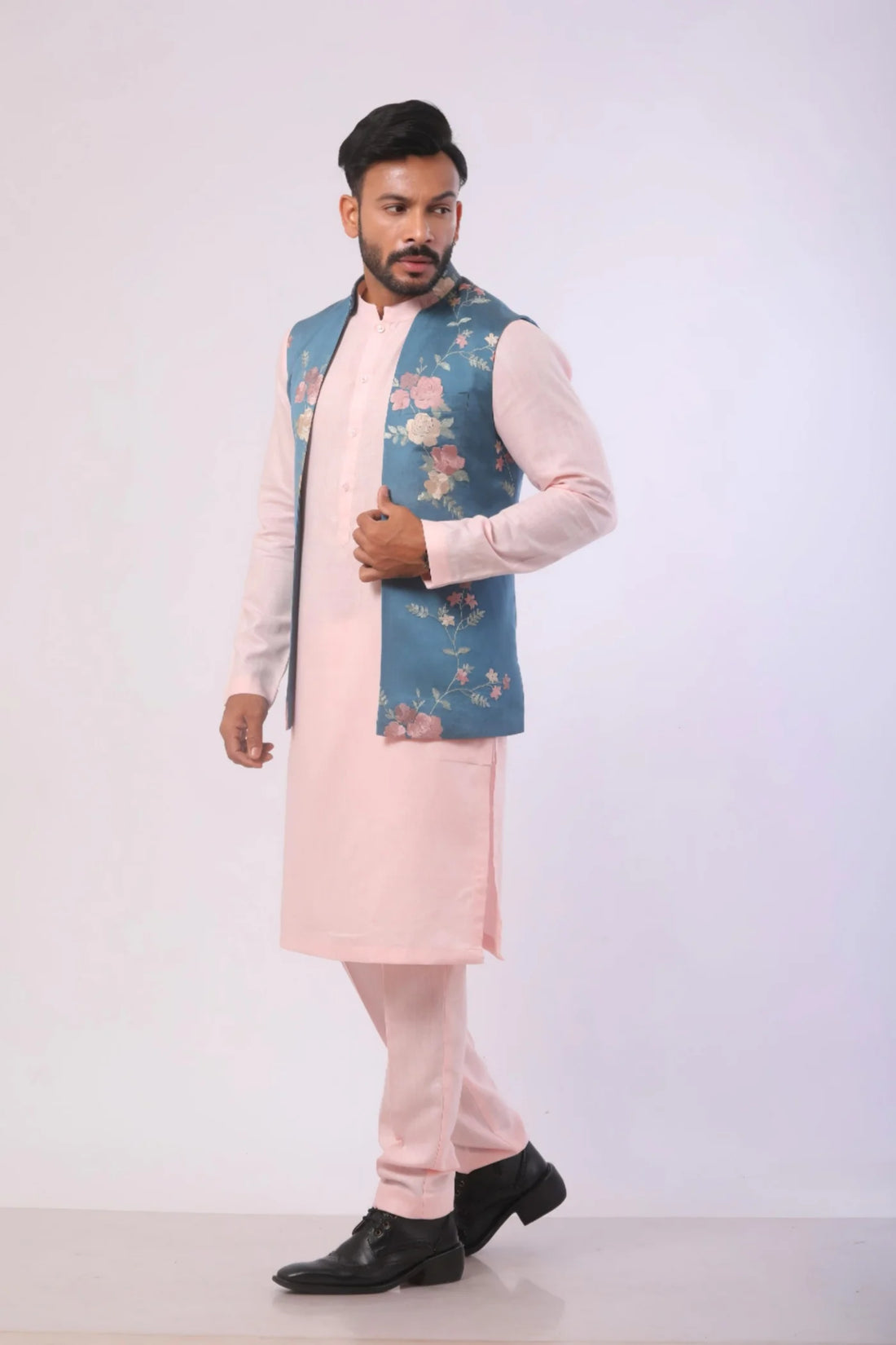 Pink Linen kurta with Blue Resham Embroidered Jacket set