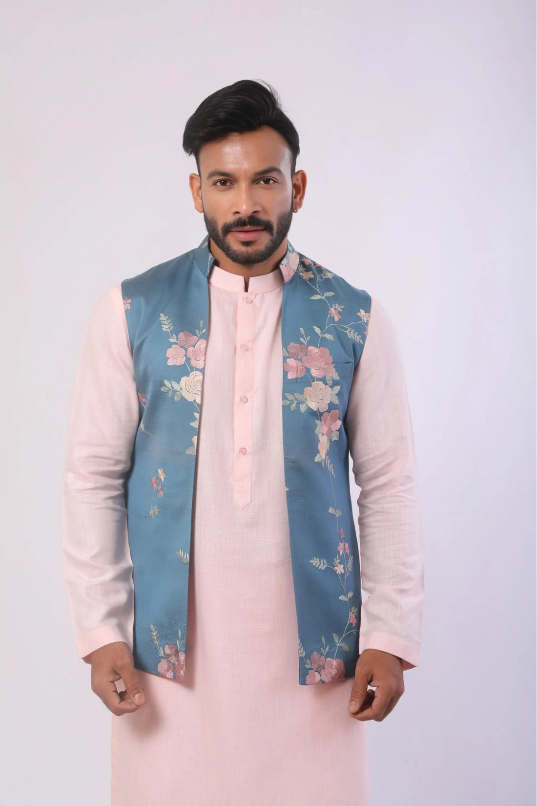 Pink Linen kurta with Blue Resham Embroidered Jacket set