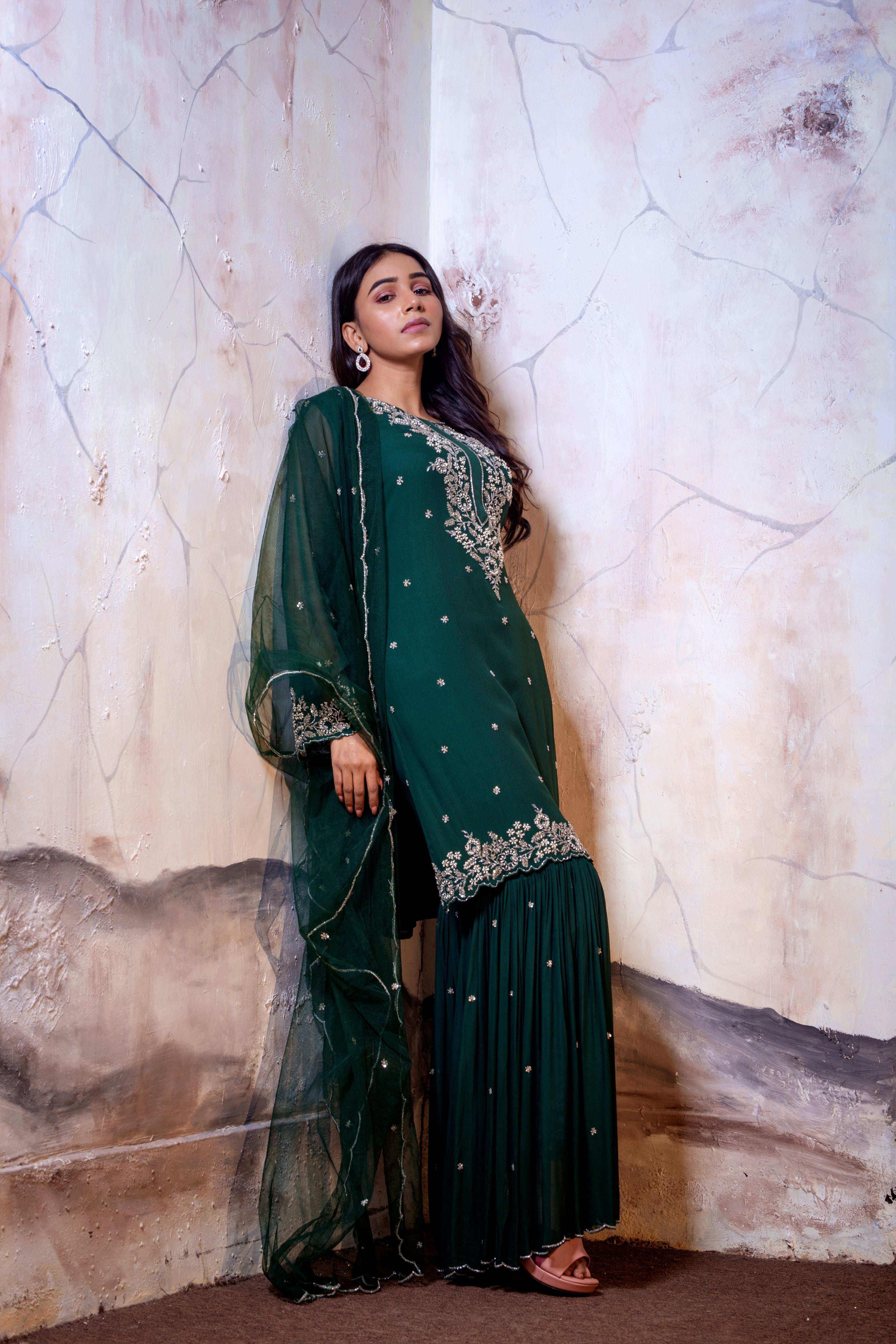 Bottle Green Kurti Set with Sharara