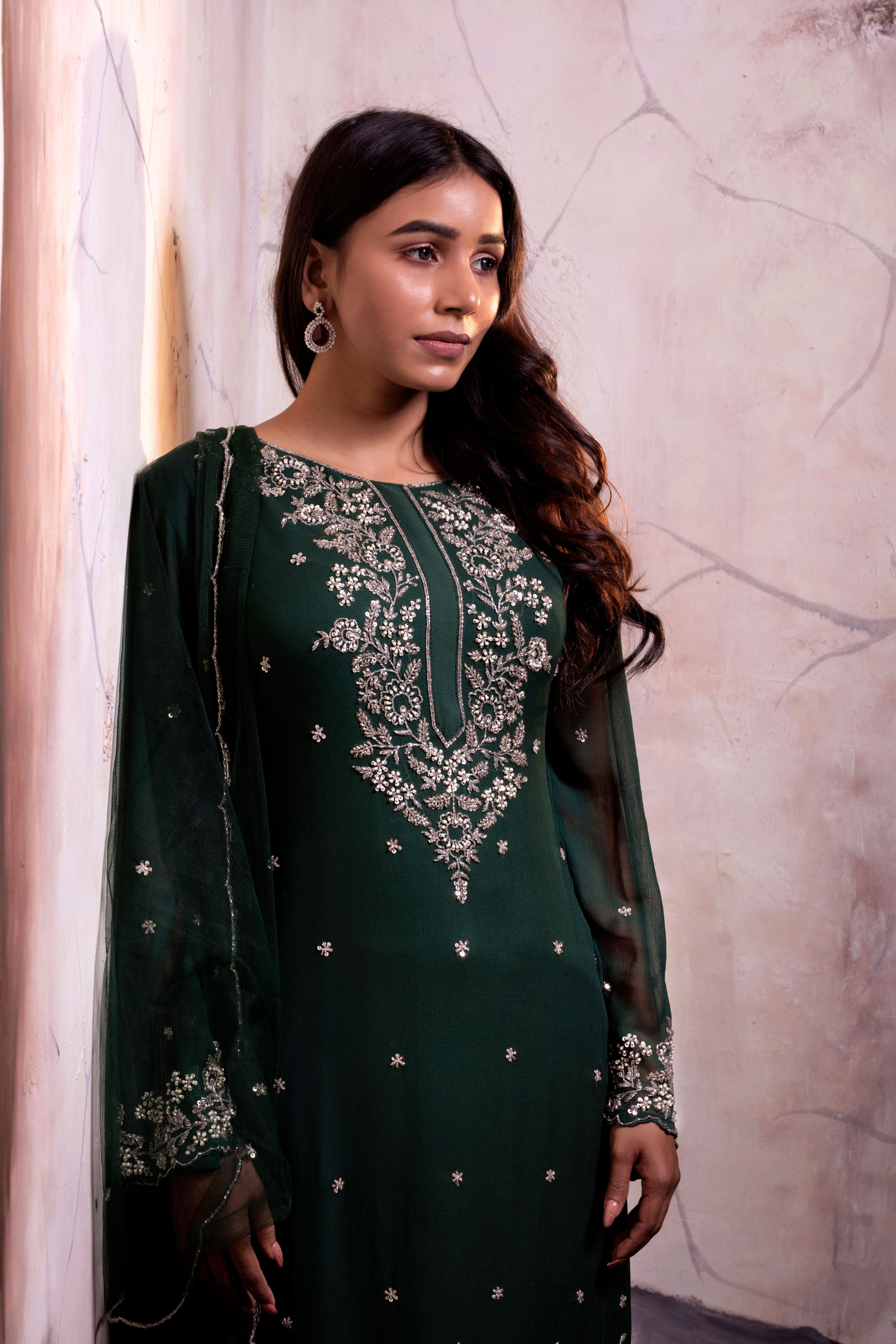 Bottle Green Kurti Set with Sharara