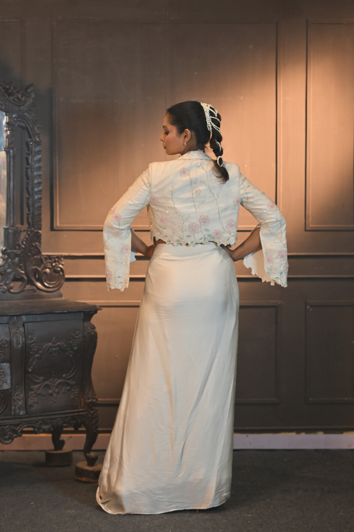 OFF-WHITE JACKET WITH BUSTIER AND DHOTI (Customize Request)