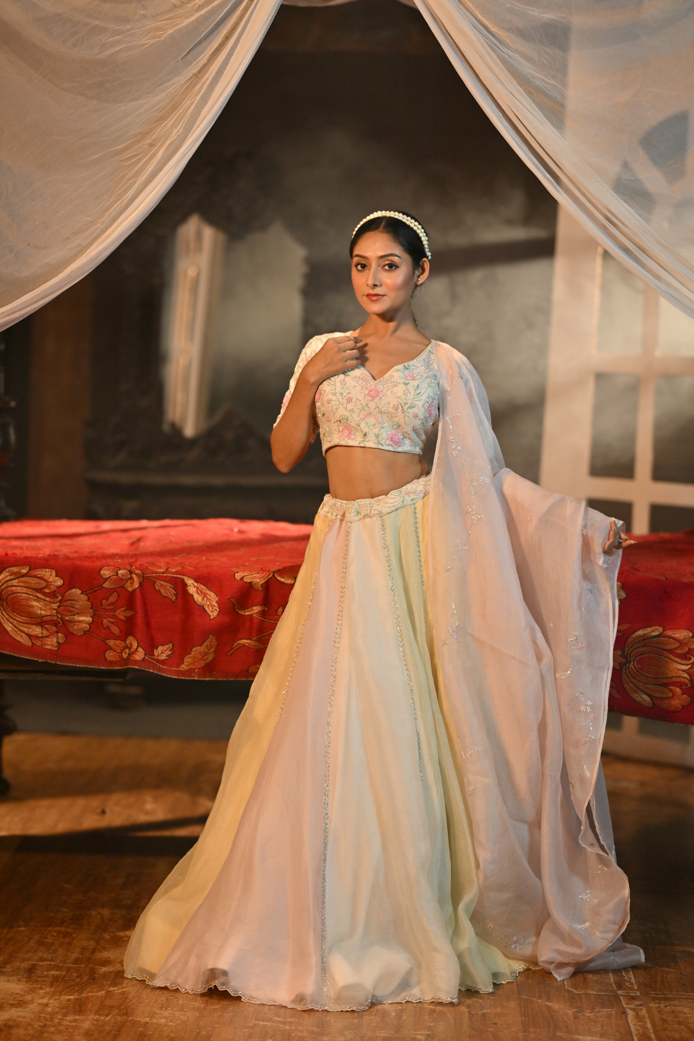 PASTEL GREEN, PASTEL YELLOW, PINK, OFF WHITE - LEHENGA WITH BUSTIER AND DUPATTA (Customize Request)