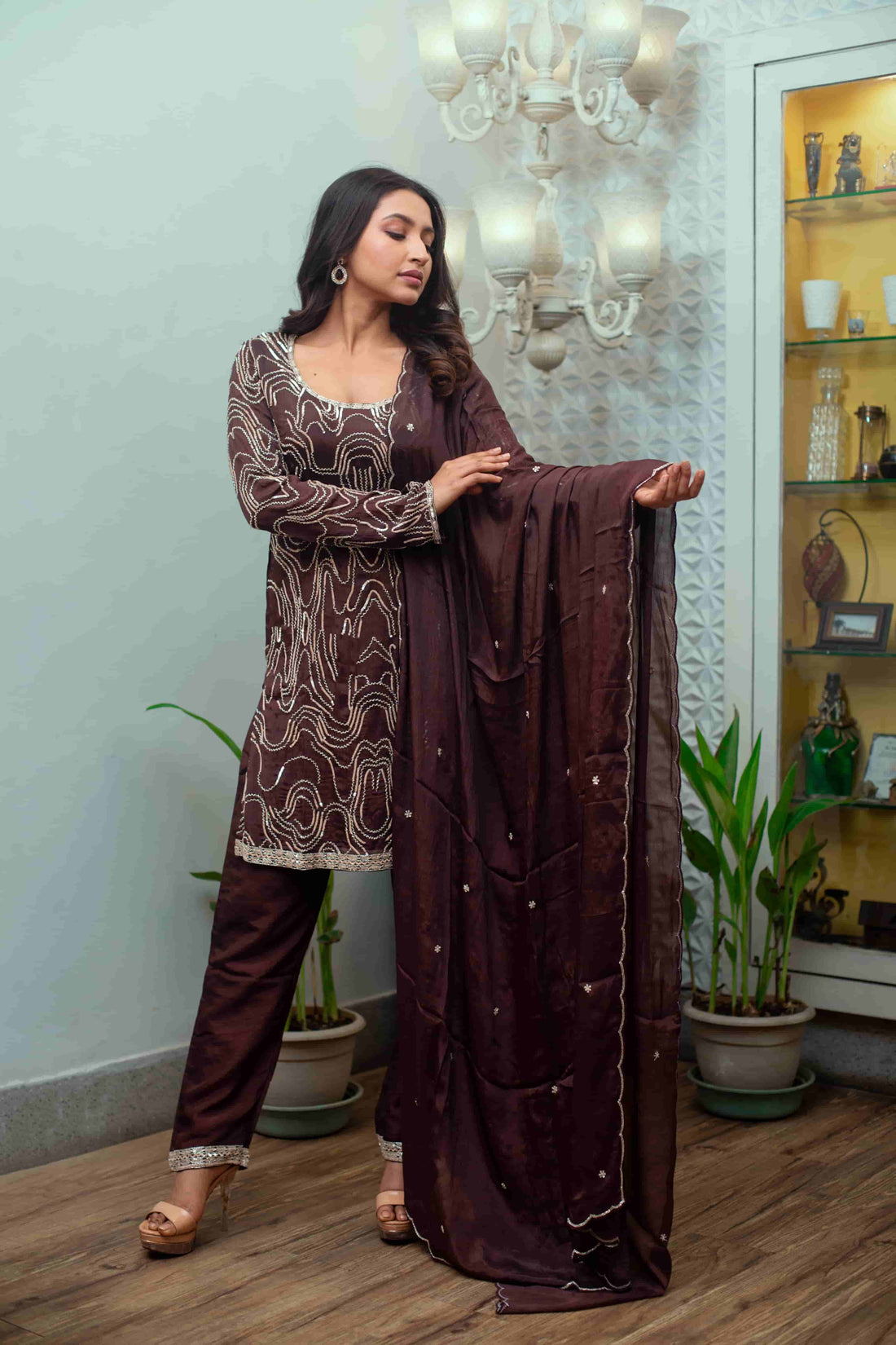 Coffee Brown Chinon Chiffon Heavy Hand Work Suit Set