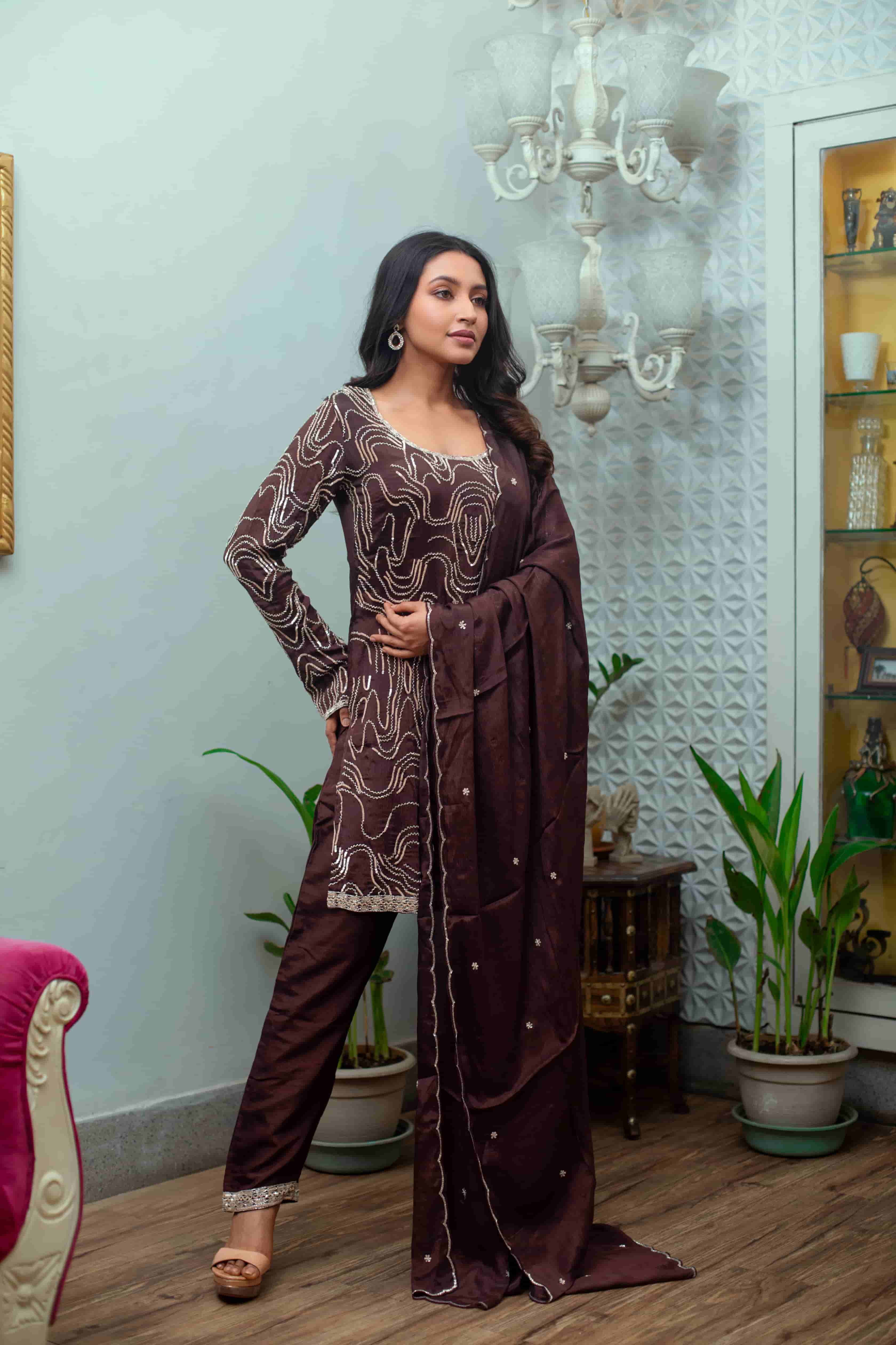 Umber Brown Chinon Chiffon Kurta Set with Sequin and Cutdana Work