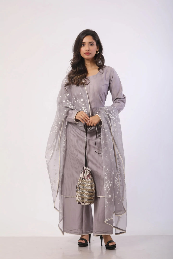 Mauve Kurta-Pant with Satin Art Organza Dupatta