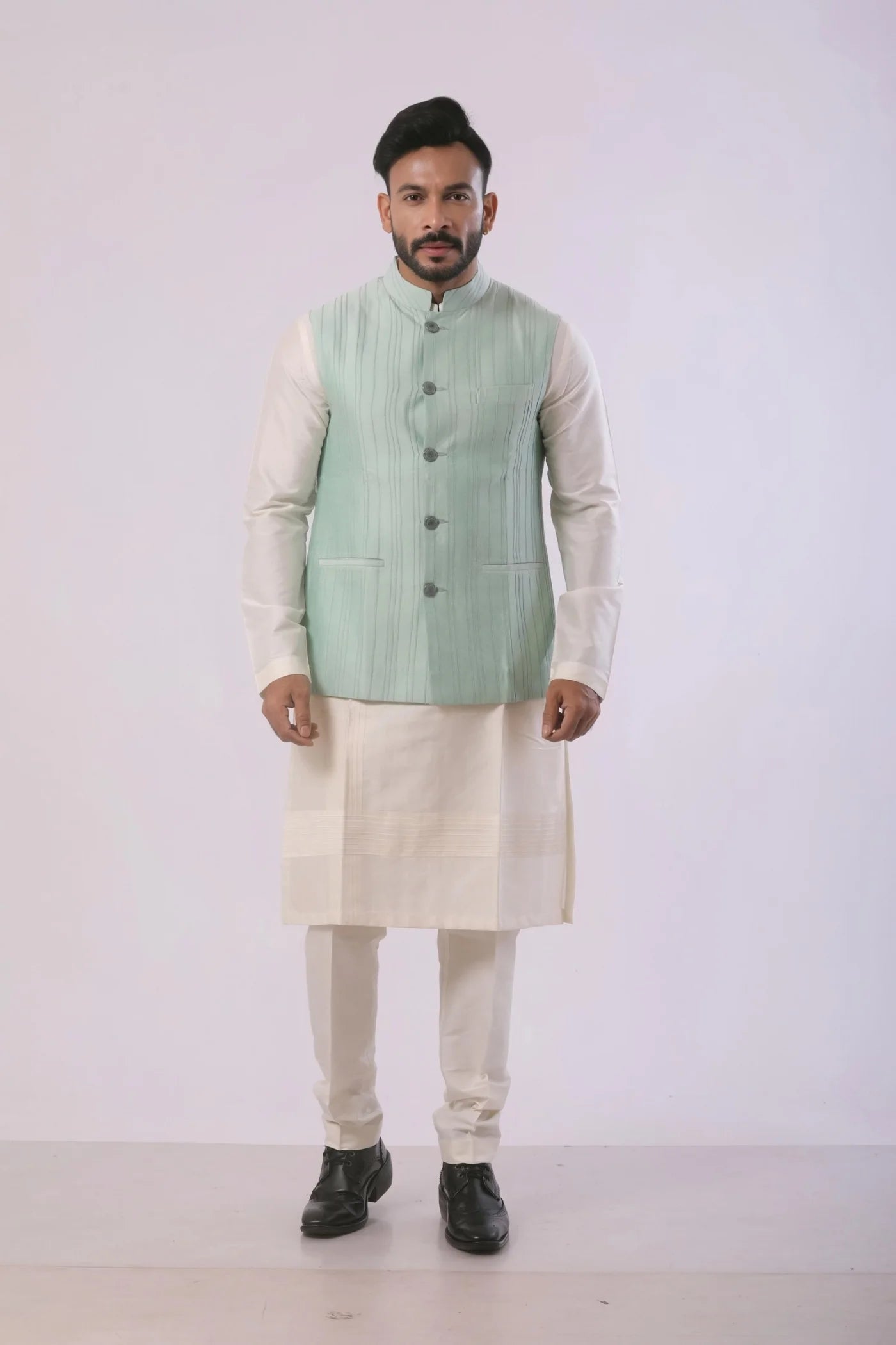 Pista Green Katan Silk Kurta Set with Nehru Jacket
