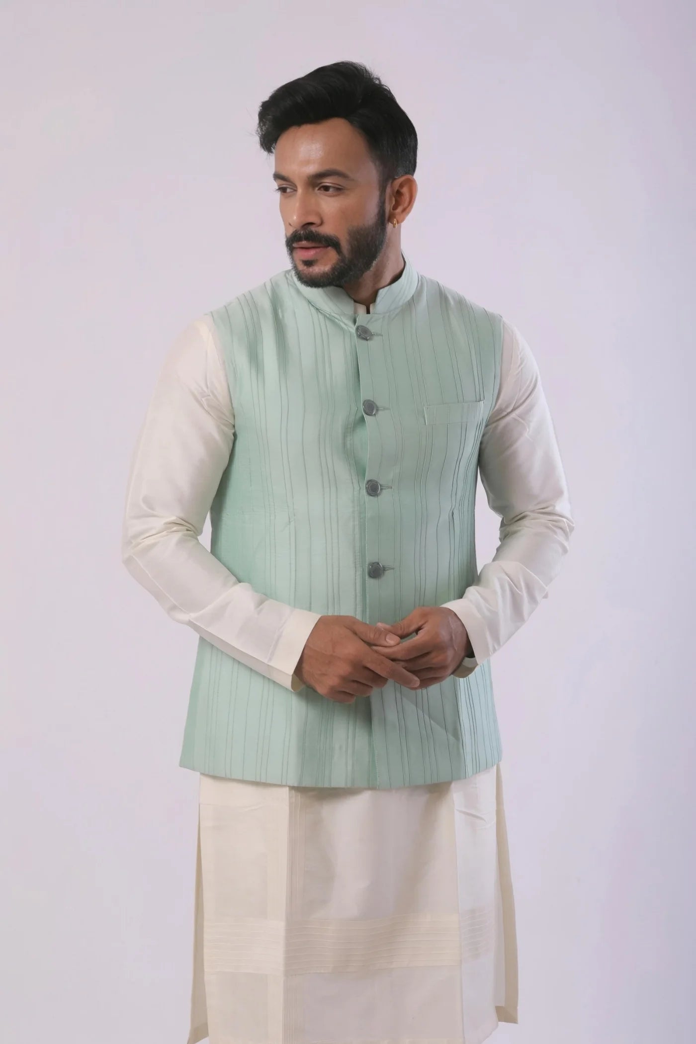 Pista Green Katan Silk Kurta Set with Nehru Jacket