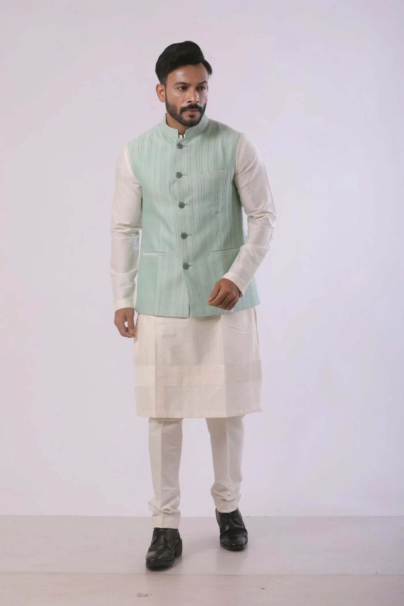 Pista Green Katan Silk Kurta Set with Nehru Jacket